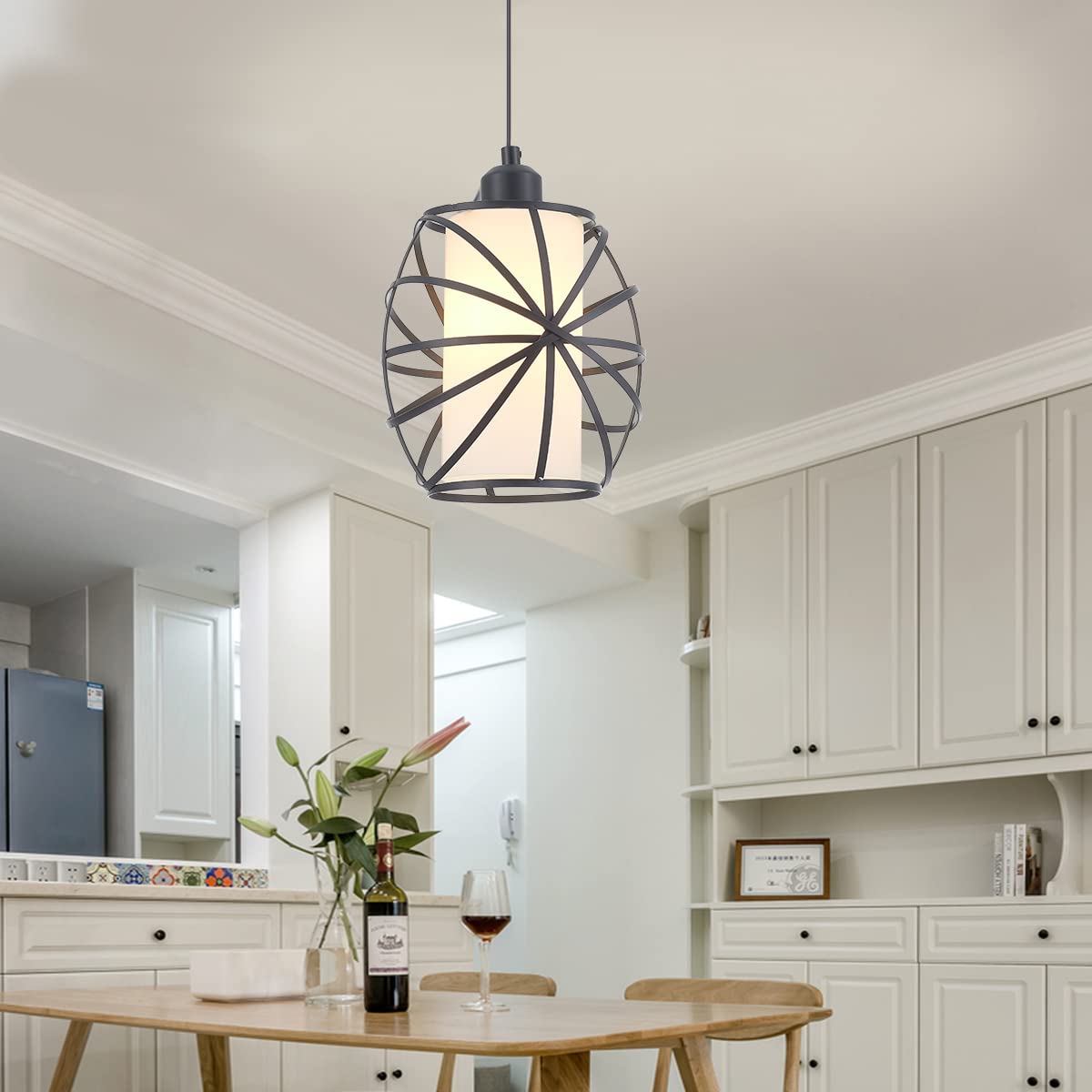 YLONG-ZS Hanging Lights with Plug in Cord, Dimmerable Glass Pendant Lamp, Black, Model YL26B