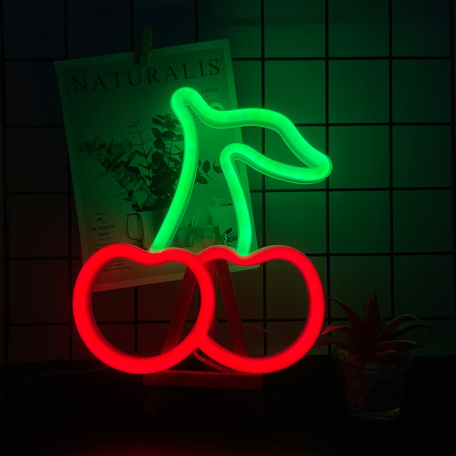 Enuoli Cherry Neon Light Decorative Art Neon Signs Cherry Night Lights Battery/Usb Powered Neon Signs For Bedroom Walls Night Li