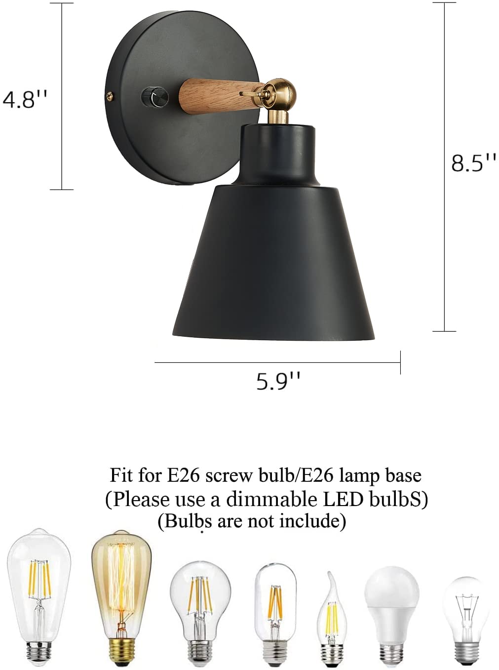 ClanKin Wall Sconce Lighting Fixture, Black Metal Bedside Lamp with On-Off Switch, Ideal for Bedroom, Bathroom, Hallway, Living Room