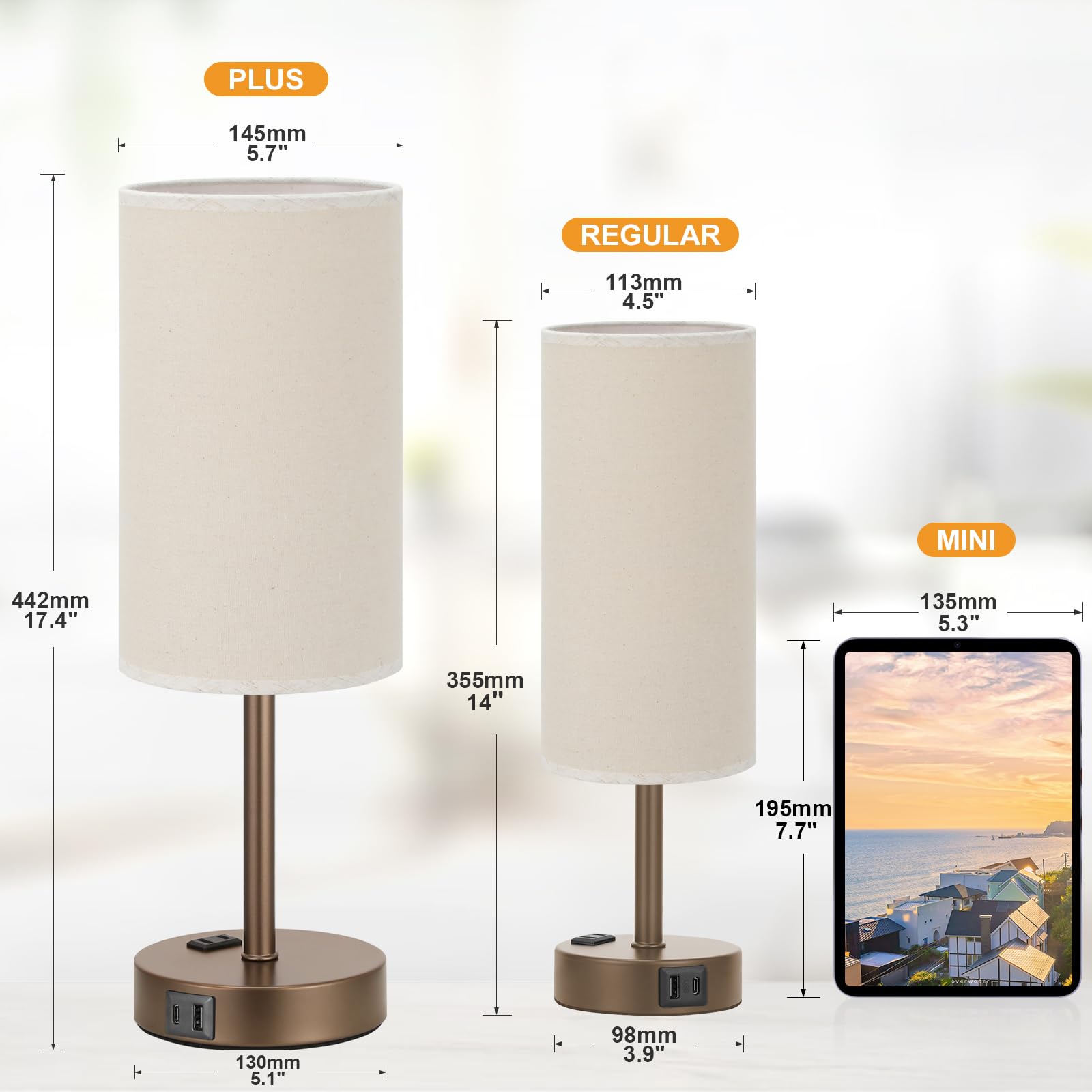 Fenmzee Touch Table Lamp - Beige, 3-Way Dimmable, Usb A + C Charging, Ac Outlet, 17.4Inch Medium, Brown Metal Base