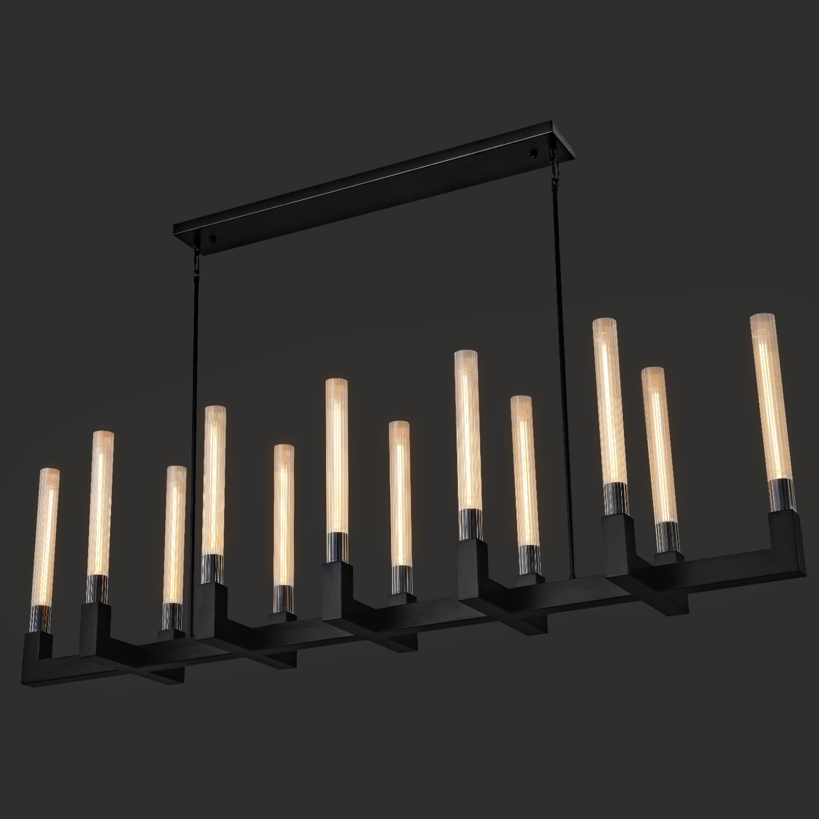 Yuexpand 68-Inch 12-Light Black Modern Chandelier With Knurled Glass Tube Shades, Rectangular Luxury Ceiling Pendant Light Fixtu