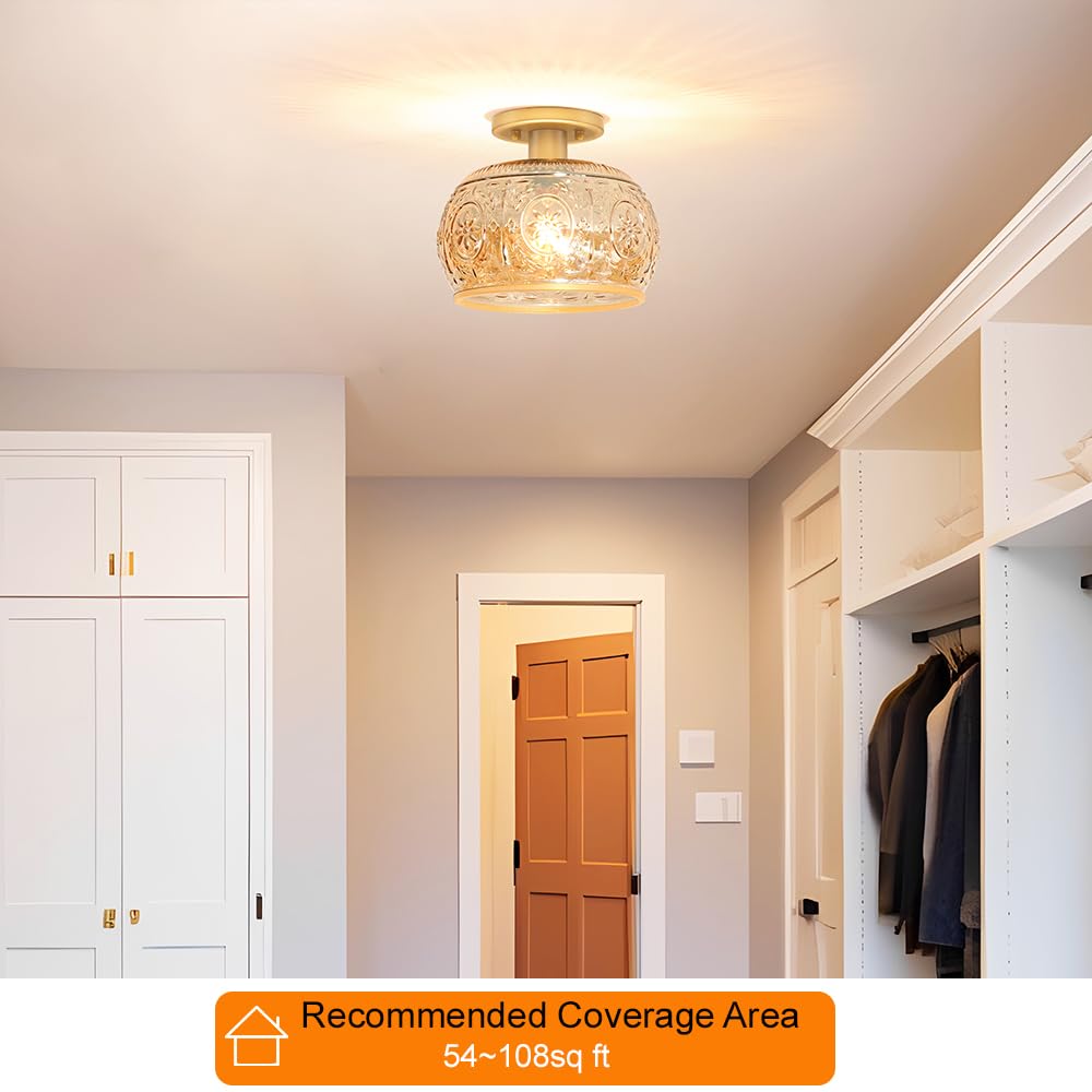 Oiyio Brushed Brass Semi Flush Mount Ceiling Light With Amber Globe Glass Shade  Modern Hallway Lighting Fixtures  Vintage Ceiling Light For Kitchen  Bedroom  Closet  Entryway  Porch