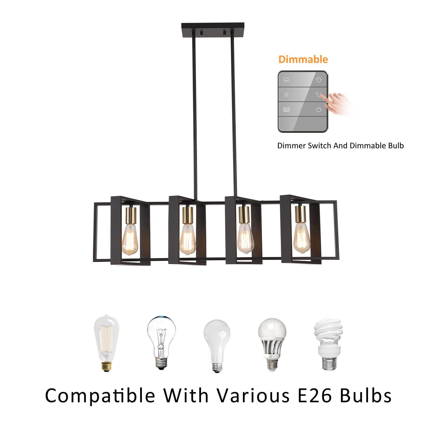 35.4'' Kitchen Island Lighting Fixture,Dining Room 4 Lights Chandeliers,Black Wood+Metal Pendant Light For Foyer Hallway Living