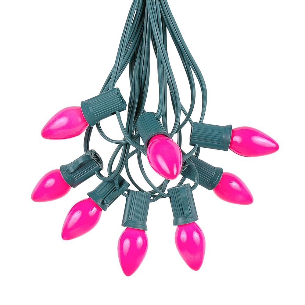 Novelty Lights C7 Pink Ceramic Christmas Lights Set - 25ft Outdoor String Lights - Green Wire - Opaque Bulbs