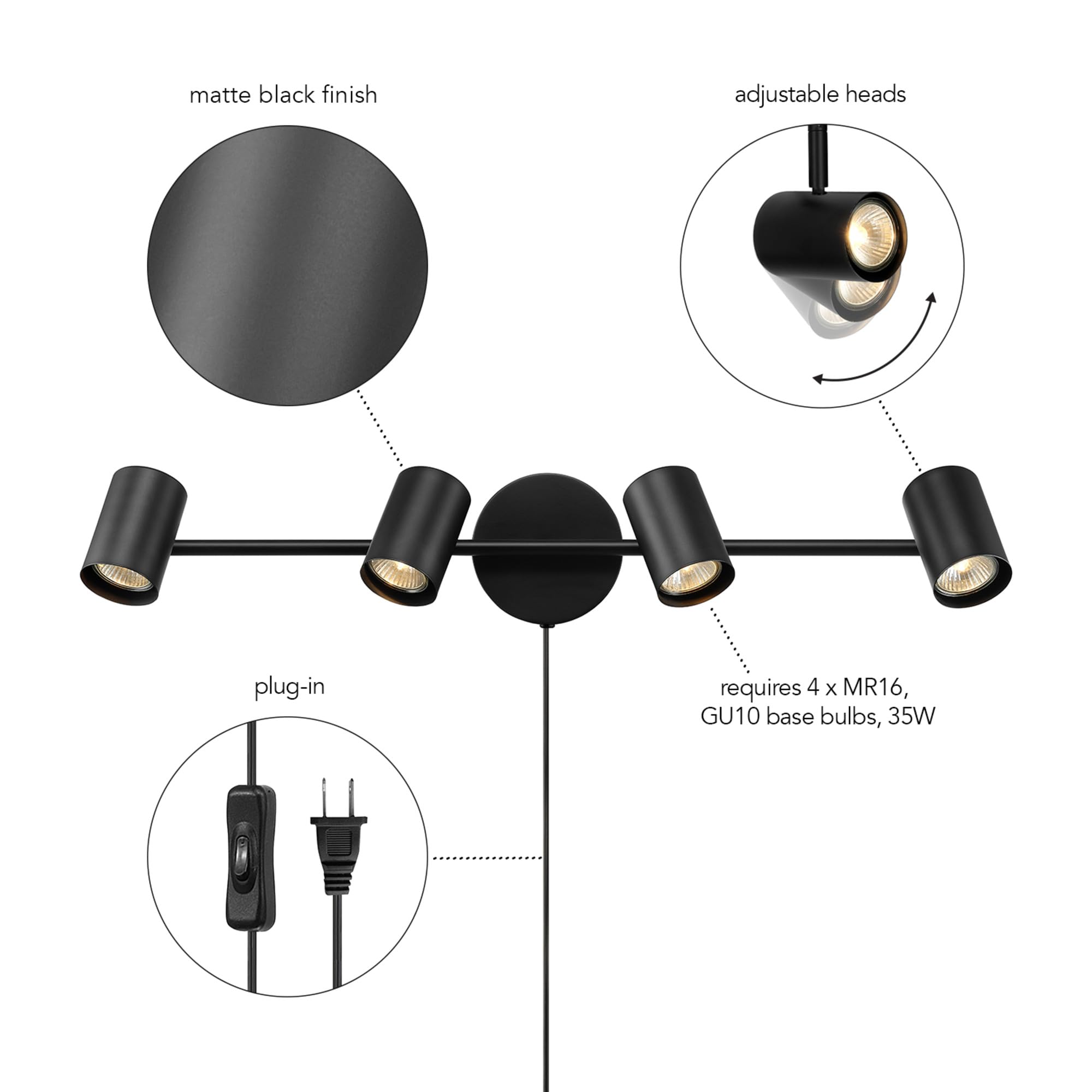 Globe Electric 64000119 26'' 4-Light Plug-In Track Lighting, Matte Black, Pivoting Track Heads, 15-Foot Black Cord, In-Line On/O