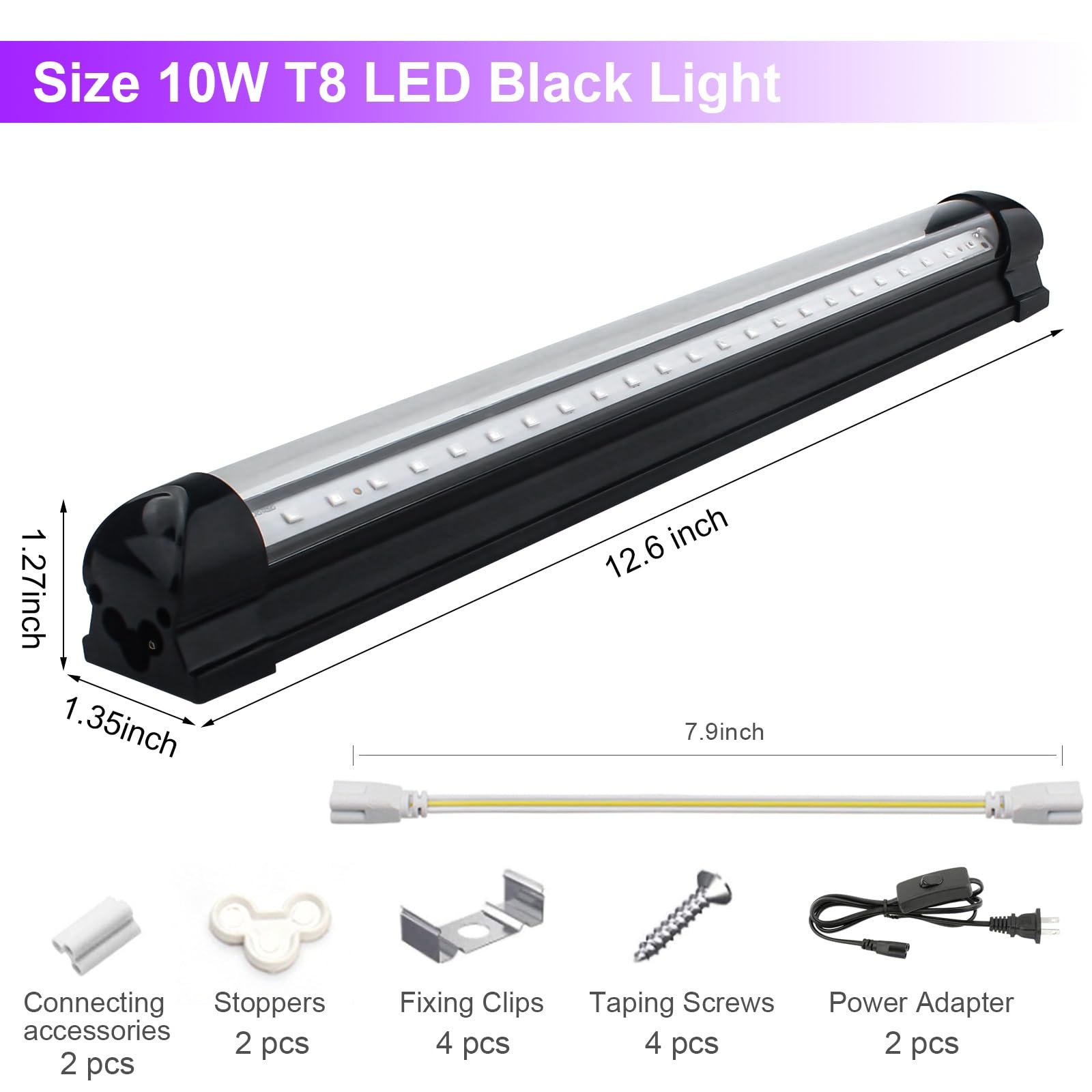 BOSITE 10W UV Black Light Bars - 2 Pack, 1Ft, Aluminum, Linkable with Cord & Switch, 395-400nm, Ideal for Parties & Posters