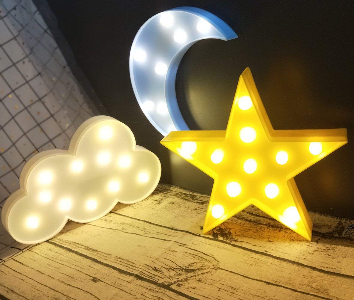 Wanxing 3PCS LED Night Lights Set - Decorative Crescent Moon, Cloud & Star - White
