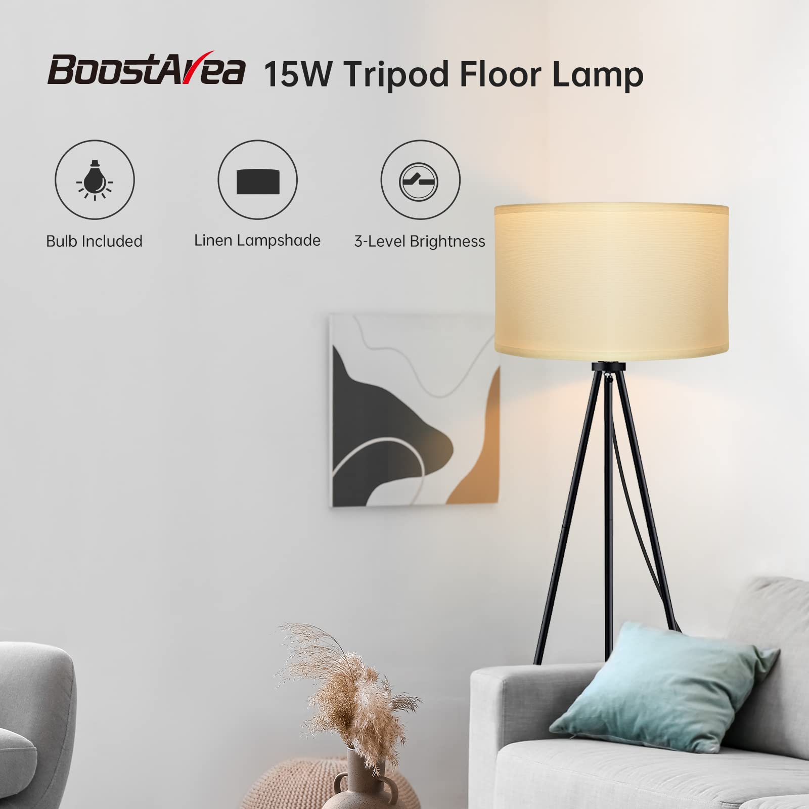Boostarea Floor Lamp For Living Room, Tripod Floor Lamp, 15W Led Bulb, 3 Levels Dimmable Brightness, White Linen Lamp Shade, Mid