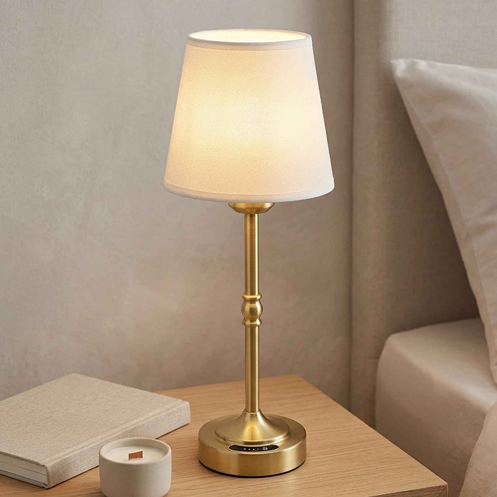 OUTON Cordless Table Lamp Rechargeable, Touch Dimmable LED Bedside Lamp with Fabric Shade, 3 Color Temperatures, USB-C Charging,