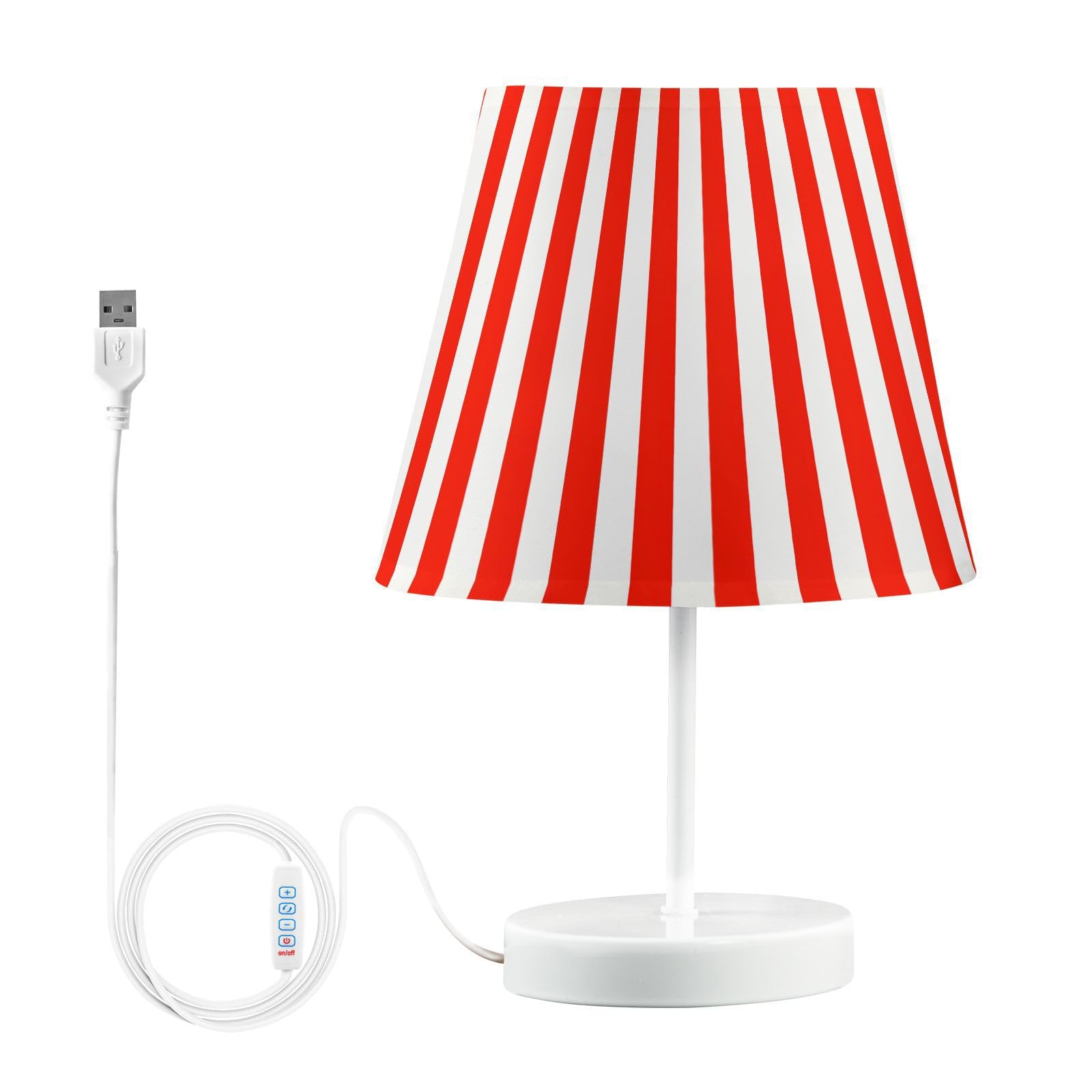 BOENLE Bedside Lamp Red and White Stripes Table Lamp Bedroom LED Nightstand Desk Lamp Lampshade for Sleeping Living Room Dorm Of