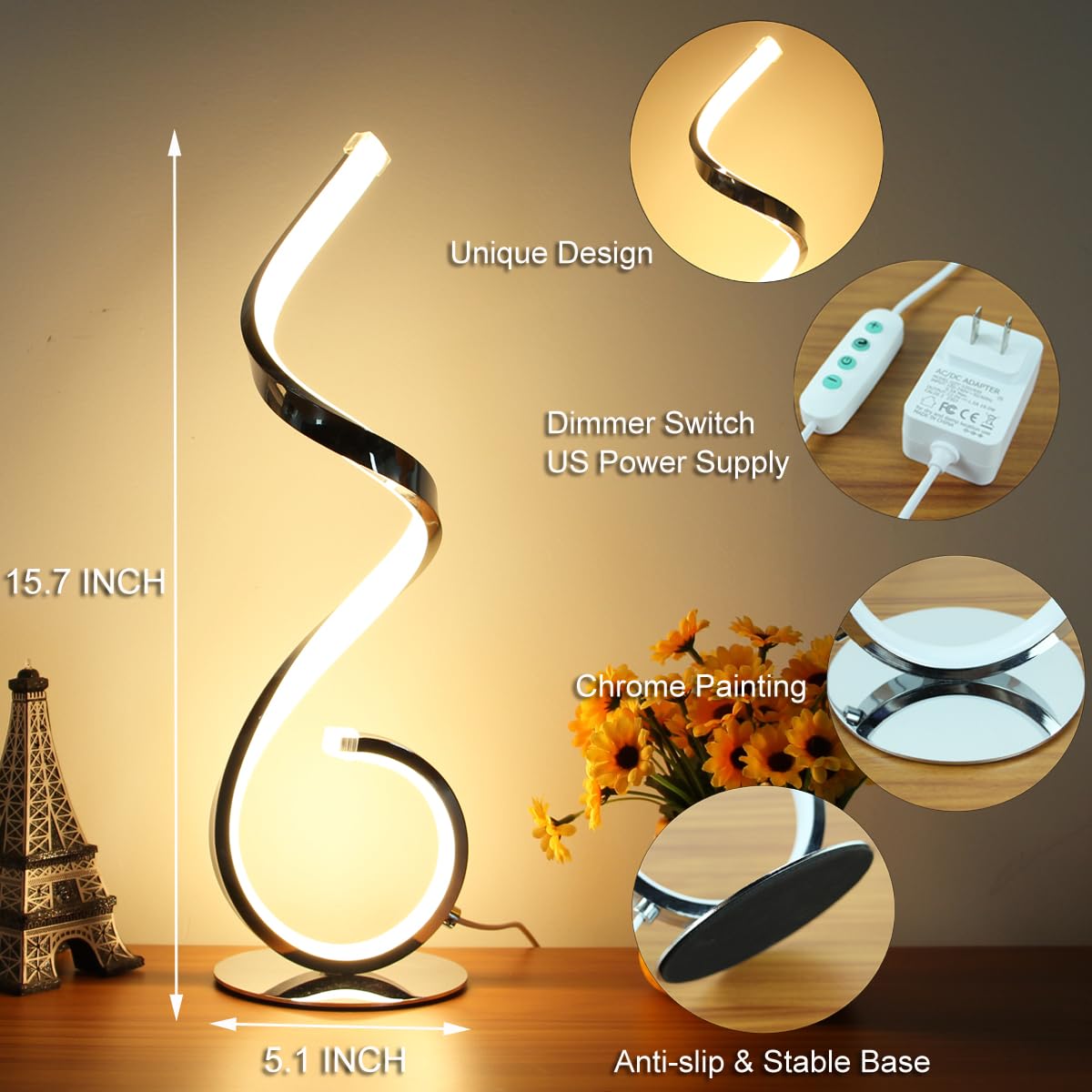 Besketie Modern Spiral Led Table Lamp, Stepless Dimmable Bedside Table Lamps For Bedroom, 10W Led Desk Lamp 3 Color Modes Desk L