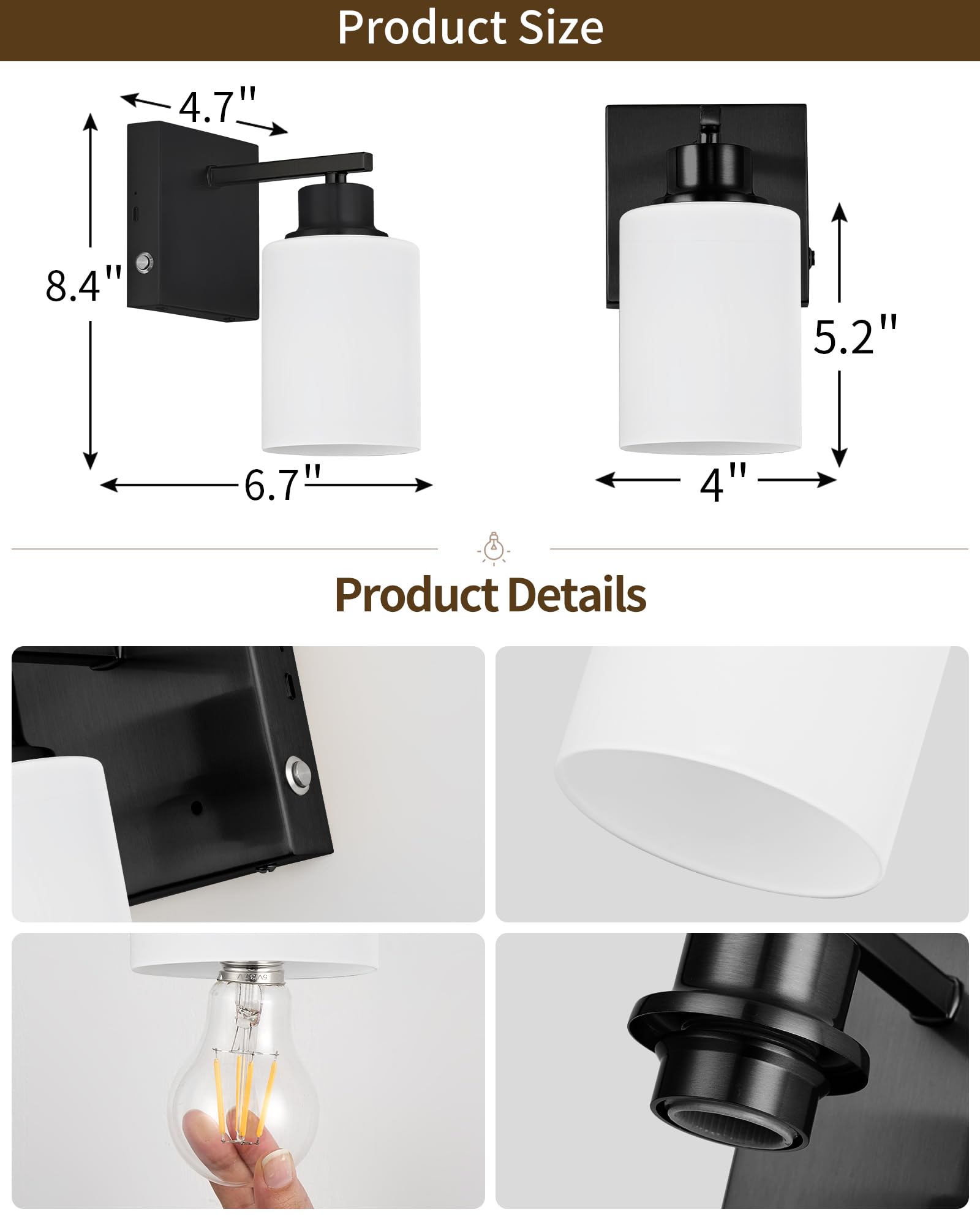 Rayogale Wireless Rechargeable Battery Wall Sconce Set of Two, Dimmable, Touch Control, USB-C Charging, Black with White Lampshade, Model WL-7112