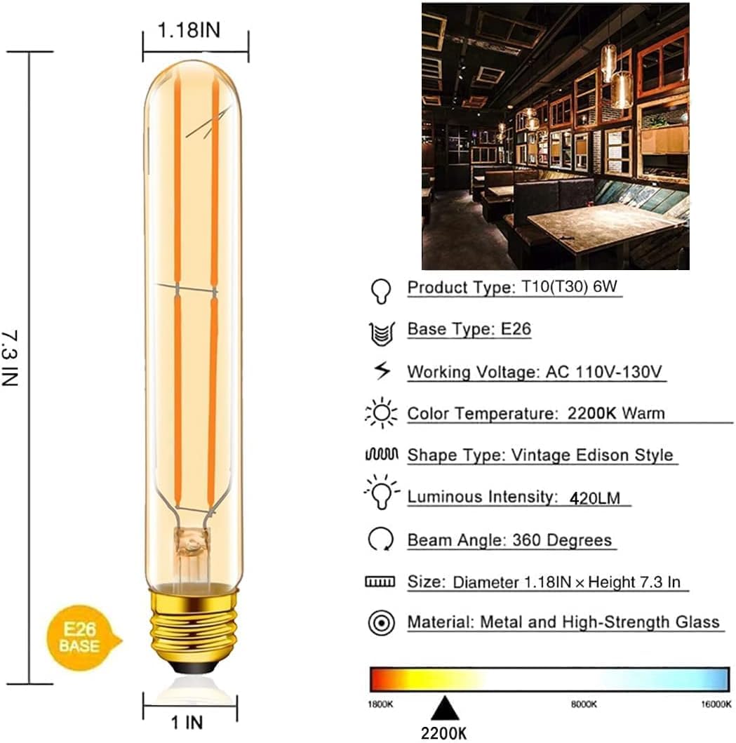 VCTC Lighting Dimmable T10 Amber Vintage Edison Bulb, Glass, 2200K, 7.3in, E26 Base, 4-Pack
