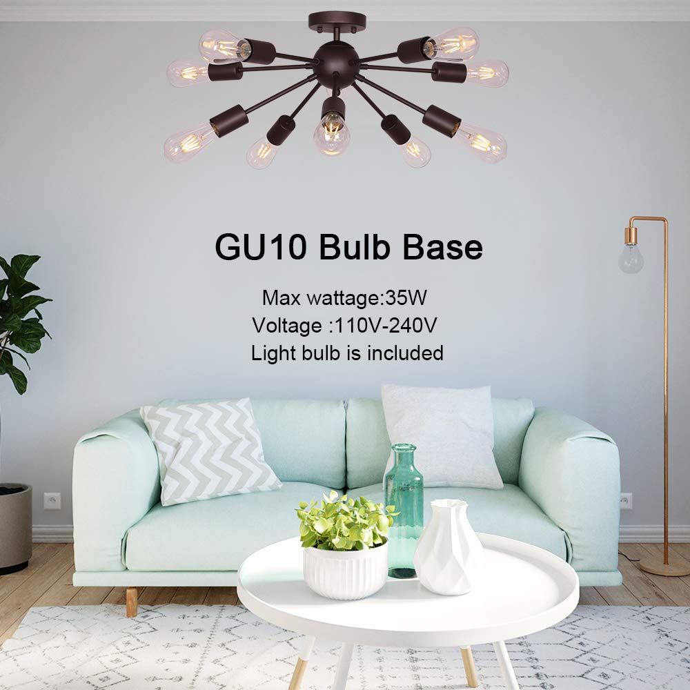 BONLICHT 10-Light Semi Flush Mount Chandelier, Oil-Rubbed Bronze, Metal, Model 3006-10C-BR, Mid Century Modern Starburst Design