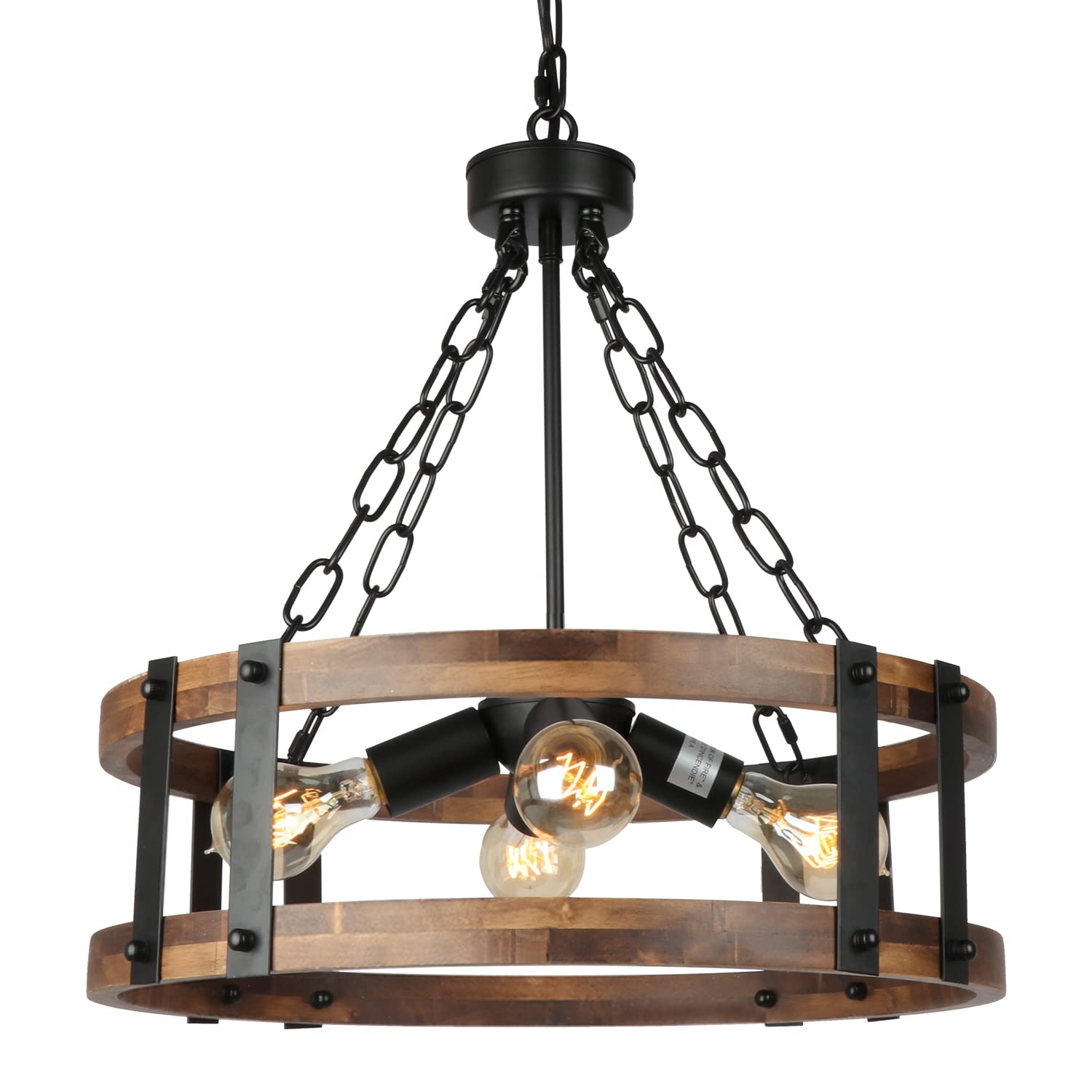 Voguad Farmhouse Rustic Wood Chandelier, 4-Light Industrial Drum Chandelier for Dining Room Vintage Pendant Hanging Light Fixtur