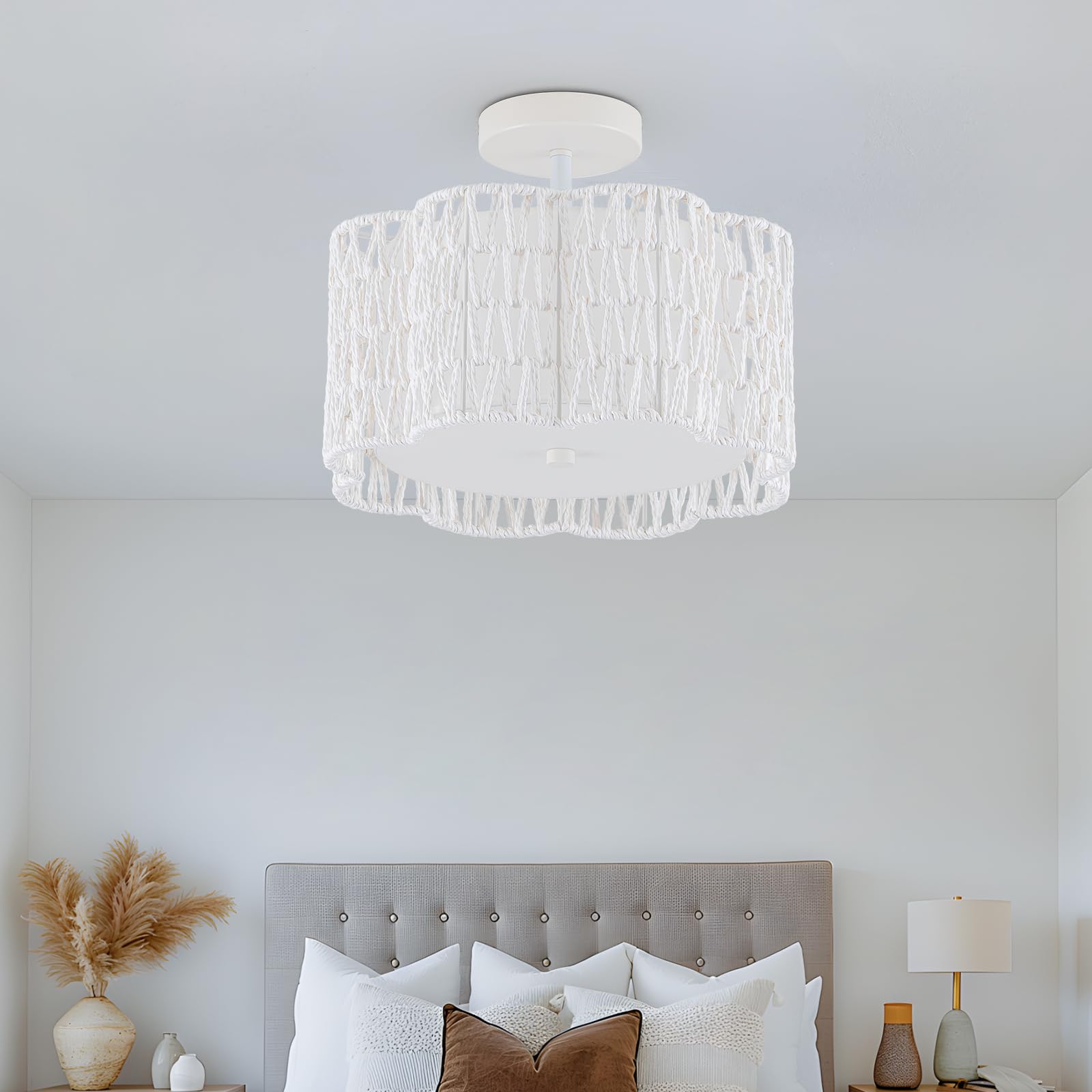 Tbaoinla Bedroom Light Fixture | Boho Ceiling Light With White Plum Blossom Design - Rattan Flush Mount Chandelier For Home Deco