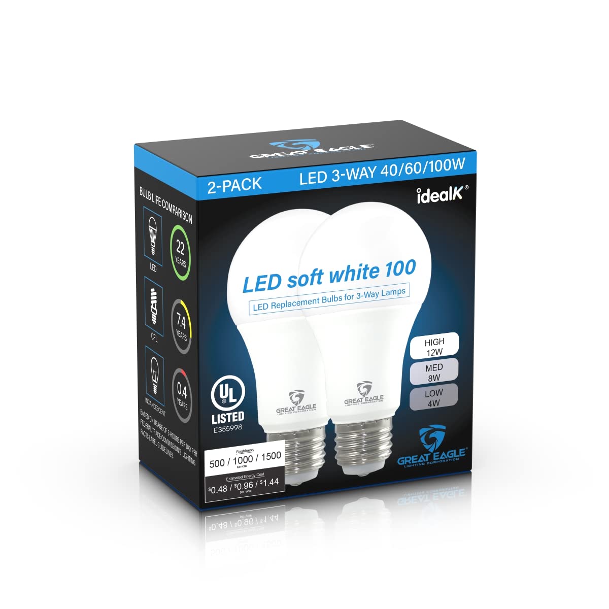 Great Eagle 3-Way A19 LED Light Bulb, 40/60/100W Equivalent, 3000K Soft White, 2-Pack, Plastic