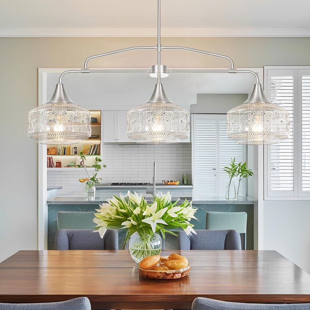 3-Light Island Light For Kitchen  Adjustable Farmhouse Kitchen Island Lighting With Clear Glass  Brushed Nickel Dining Room Light Fixture Over Table  Linear Chandelier Pendant Lighting Over Sink