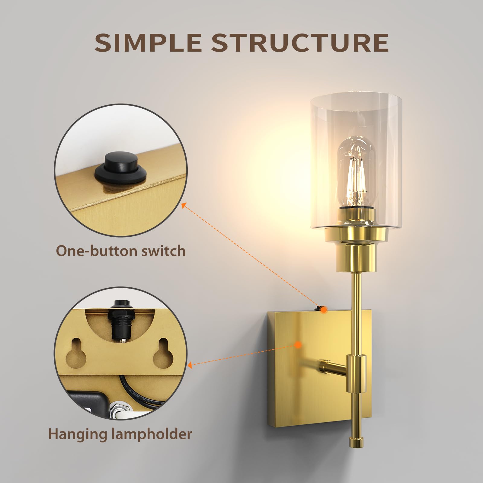 HYMELA C02 Battery Operated Wall Sconce - Brass Metal, Clear Glass Shade, Easy Install, Rechargeable, Model HYMELA4H9106905