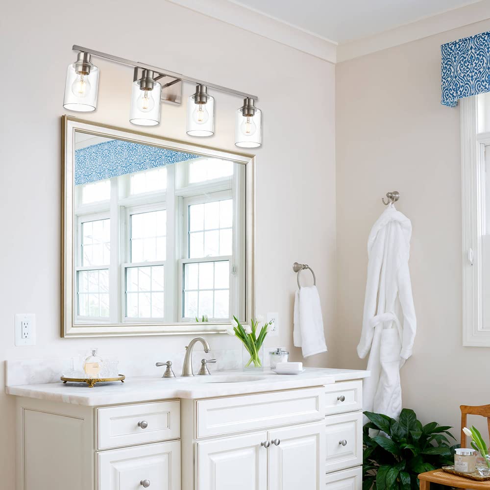 VINLUZ 4 Light Wall Sconce, Brushed Nickel, Clear Glass Shade, Metal Base, Bathroom Vanity Lighting Fixture