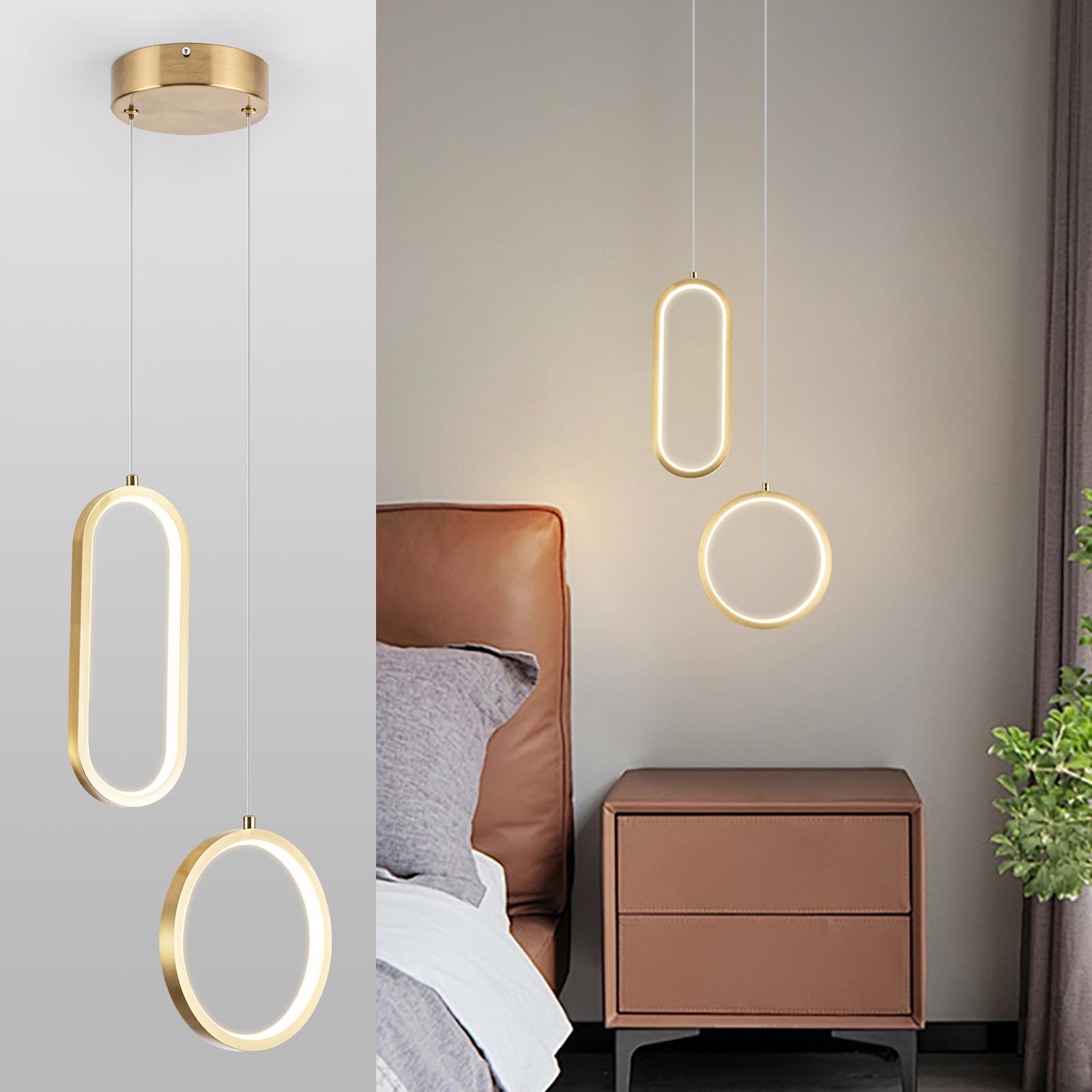 CHYING LED Pendant Light, 2 Ring 24W, Dimmable, 3-Color Temp, Gold, Model CYD401-2RING-G-D