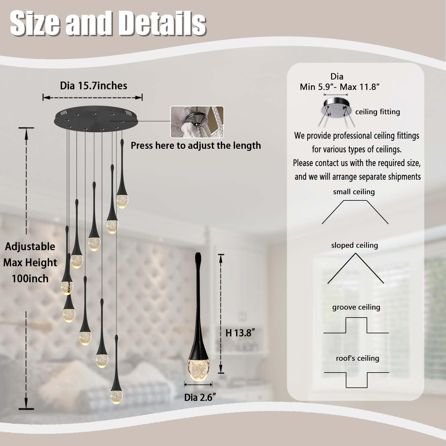 Ykolupty 9-Lights Black Pendant Chandliers 100'' High Staircase Ceiling Chandeliers Crystal Bubble Raindrop Lighting Chandelier Ceiling Living Room Dimmable 2700-6000K Led Dining Lighting