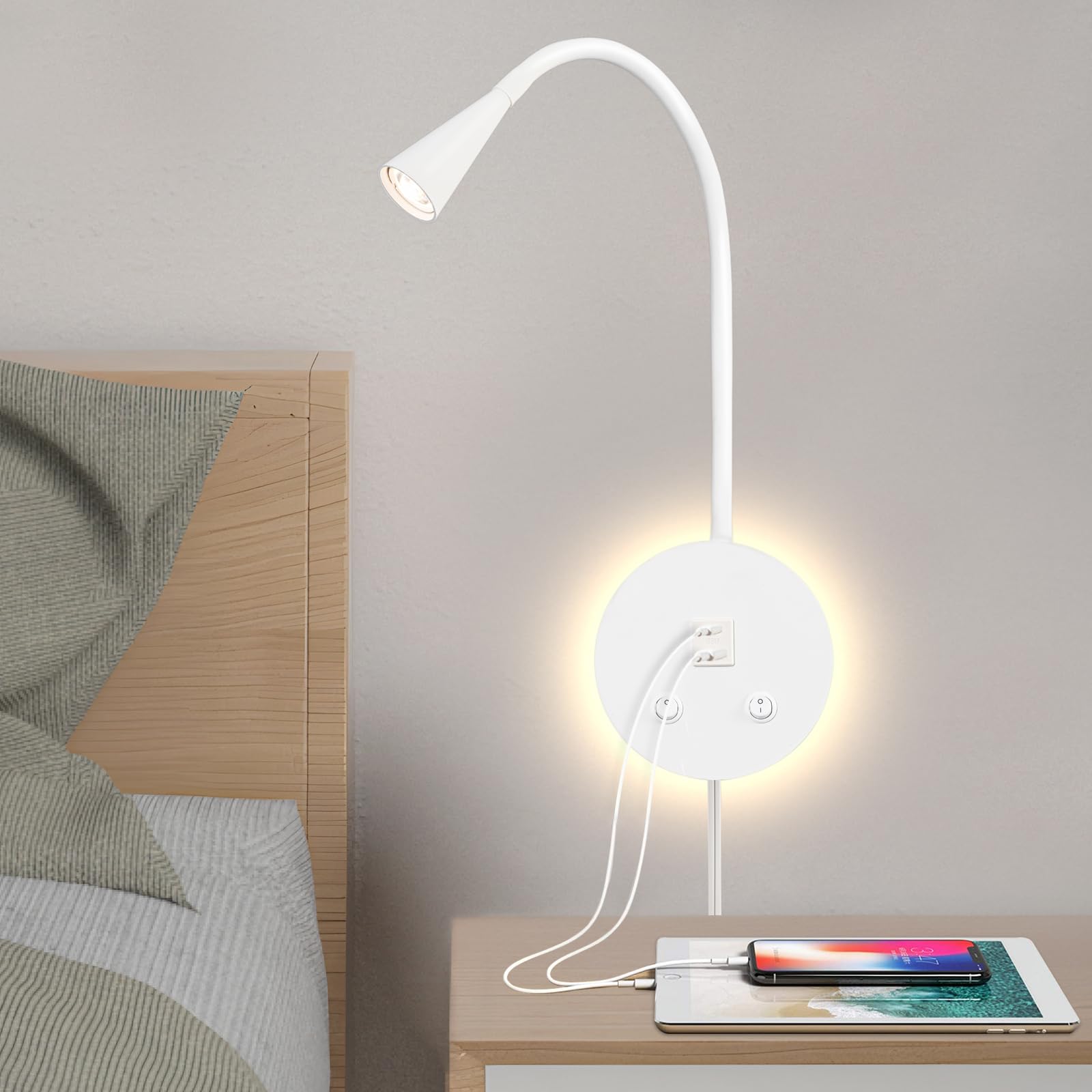 MOLUOLA LIGHTING Dimmable LED Wall Reading Lamp - Adjustable Gooseneck Book Light for Bed, USB + Type C Output, 2-in-1 Night Lig