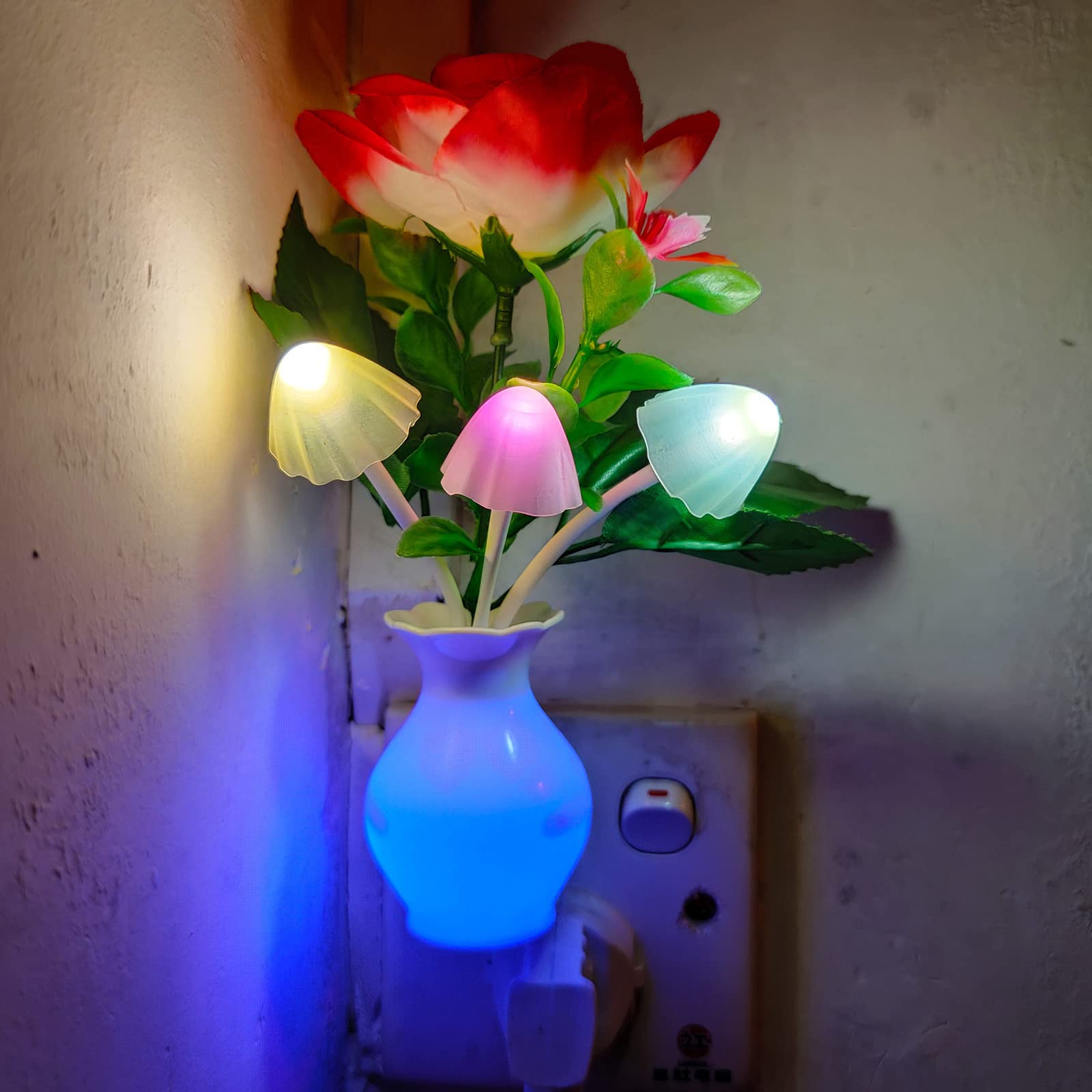 AUSAYE Sensor LED Night Light Plug-in Nightlight, Color Changing Rose Flower Mushroom Night Light for Kids Adults Bedroom, Bathr