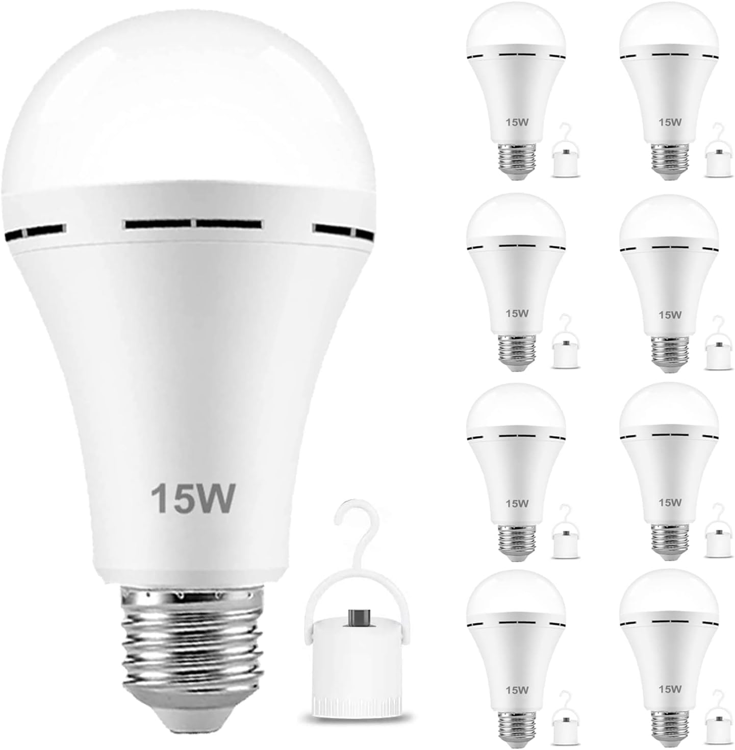 garageangle Emergency LED Light Bulb, 15W Rechargeable, 150W Equivalent, E26 Base, 6000K, White, 8-Pack