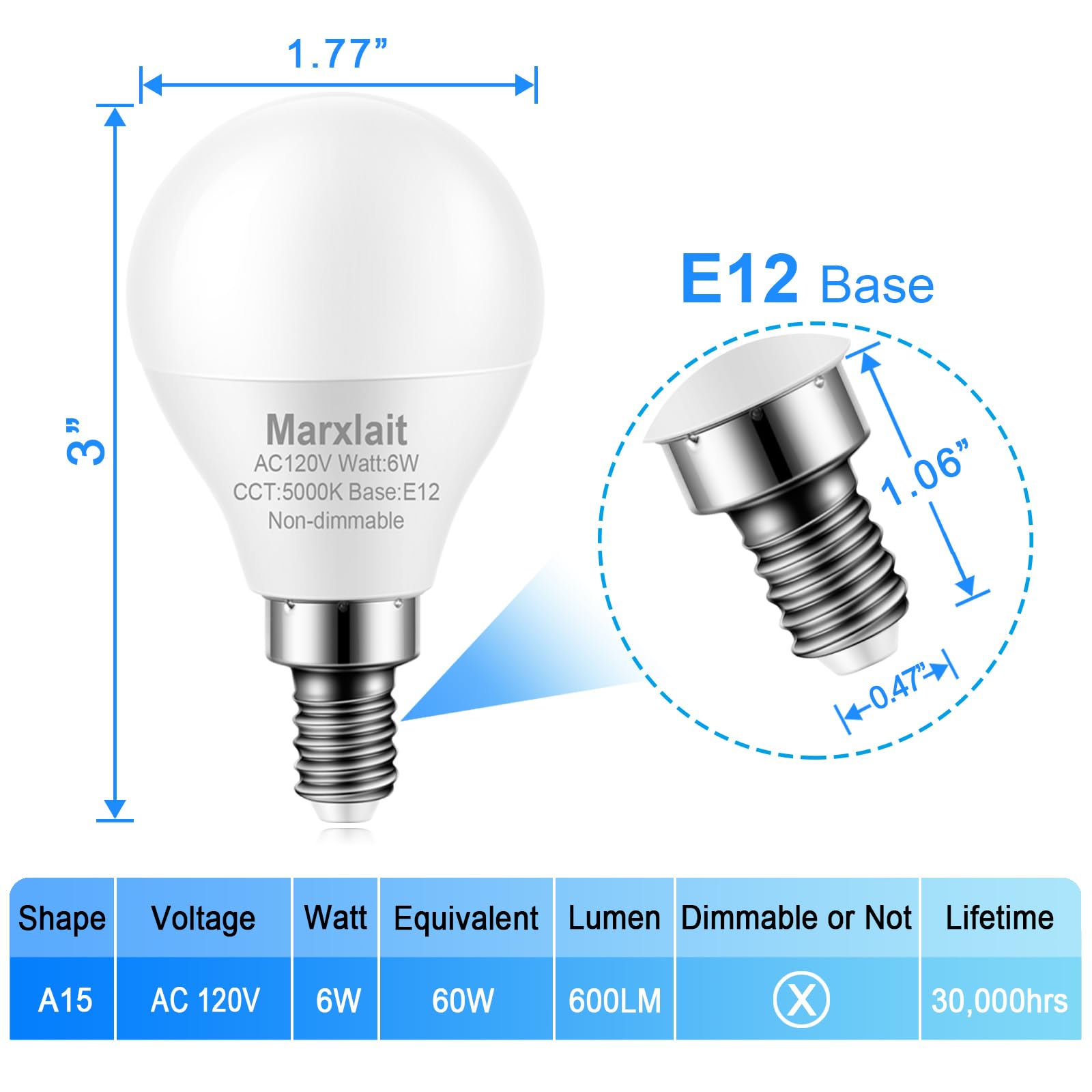 Marxlait 4 Pack E12 Ceiling Fan Light Bulbs, 60W Equivalent, Daylight White 5000K, Small Base Led Candelabra Light Bulb, Bright