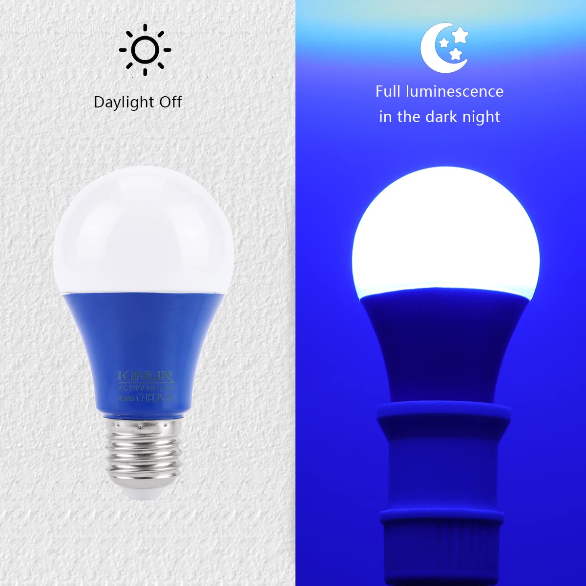 Kinur Blue Led Light Bulb, A19 9W (60W Equivalent) 120V E26 Medium Base Non-Dimmable For Christmas Party Decoration Indoor Outdo