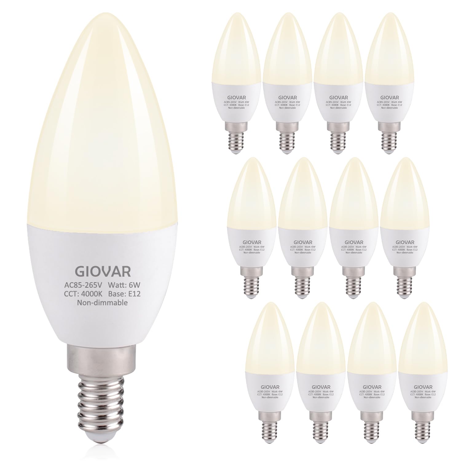 Giovar Led Candelabra Light Bulb 60 Watt Equivalent, 4000K Natural White, Light Bulbs For Chandelier, E12 Small Base, 120V, B10,