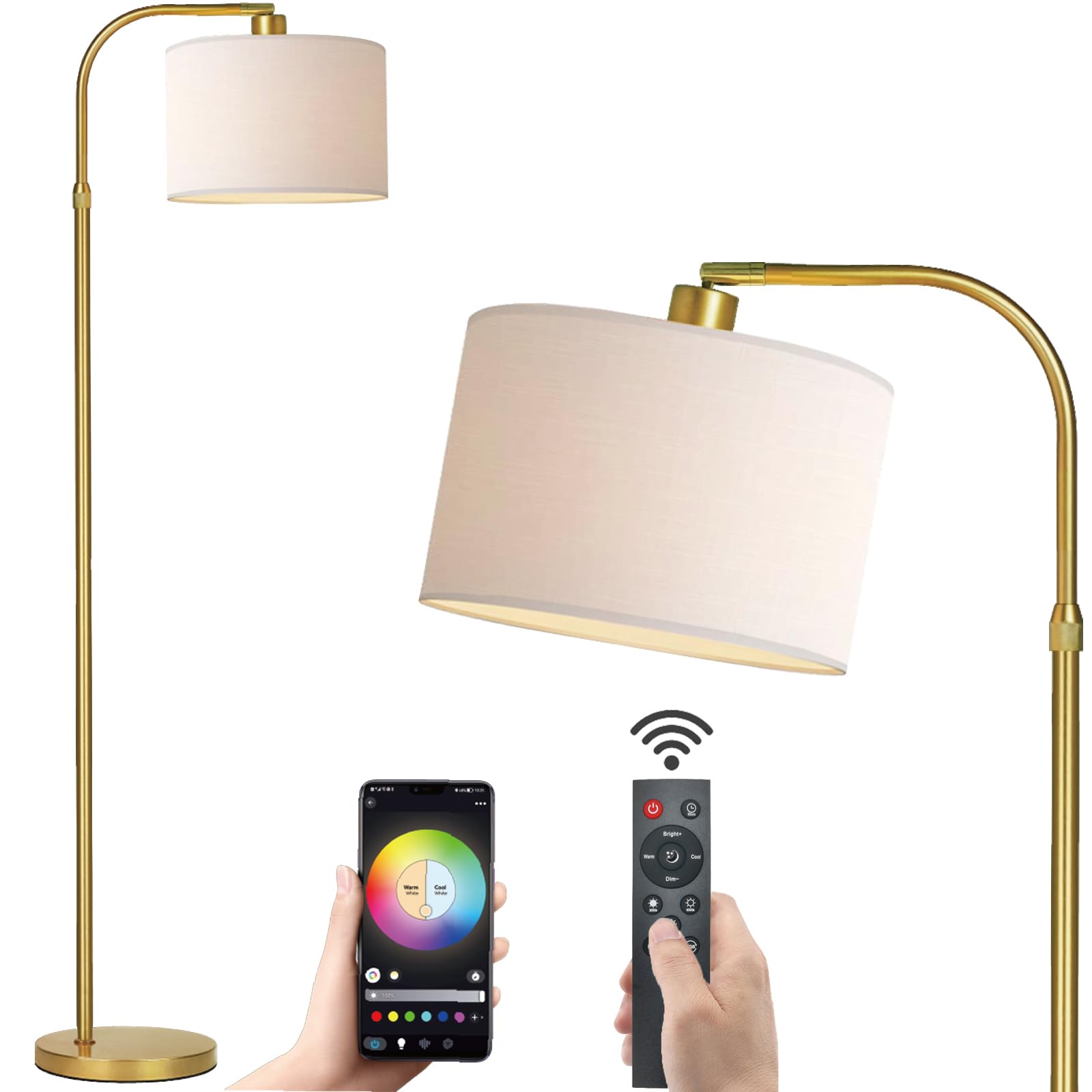 FINNCHY Gold Floor Lamp with Remote Control, 1200 Lumens Adjustable Height Dimmable Arc Floor Lamp for Living Room, Modern Gold