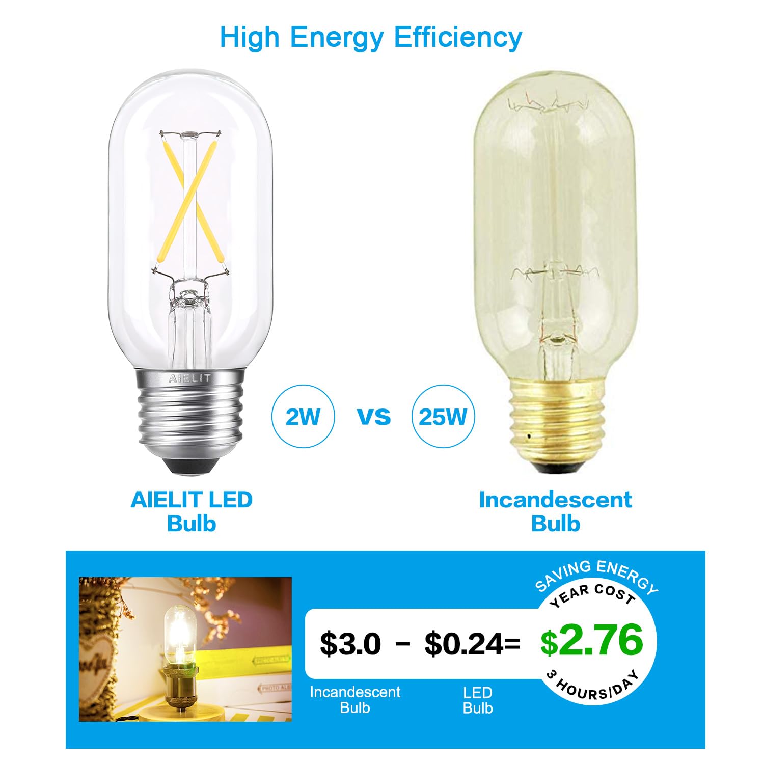 Aielit T45/T14 E26 Light Bulbs 25 Watt Equivalent, Dimmable, Clear Natural White 4000K, 2W Daylight Tube Led Bulbs For Home Maso