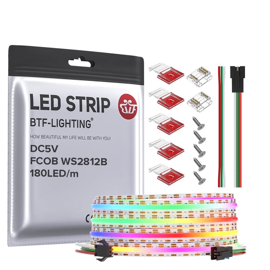 BTF-LIGHTING FCOB COB WS2811(WS2812B) IC RGB 180LED/m 540IC LED Strip DC5V 9.8FT Individual Addressable Flexible High Density Un