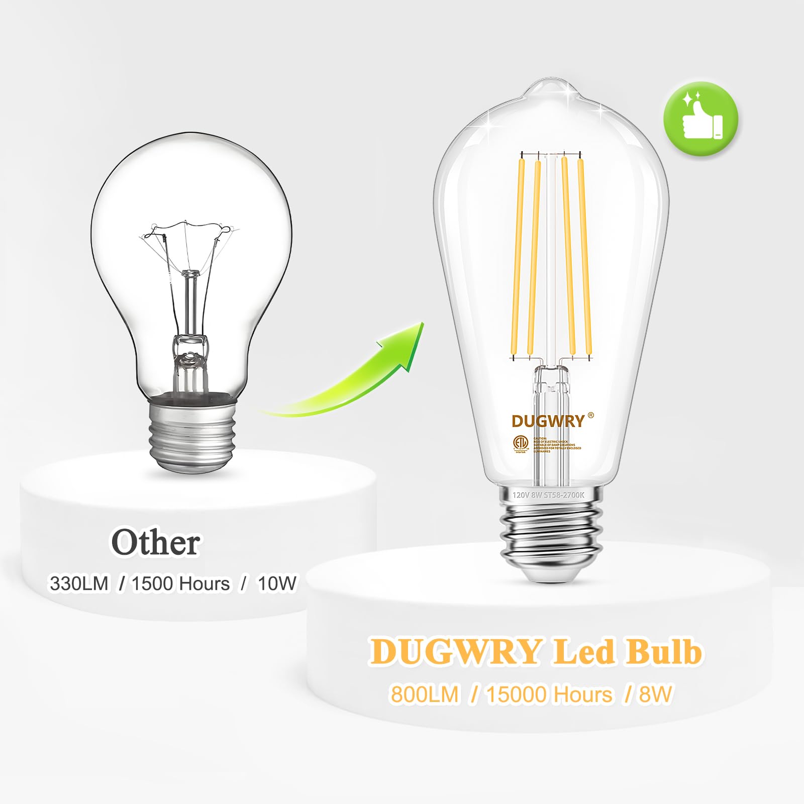 Dugwry 12 Pack Vintage Led Edison Bulbs, Dimmable E26 Led Bulb Equivalent 60W, 2700K Warm White,800Lm,8 W St58 Antique Led Filam