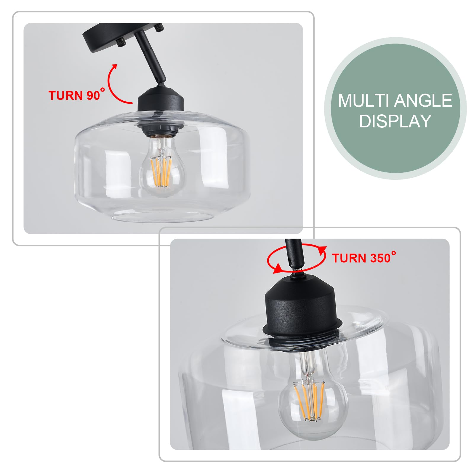 Tehenoo Matte Black Semi Flush Mount Light With Clear Glass Shade, Adjustable For Sloped Ceilings For Kitchen,Hallway,Living Roo