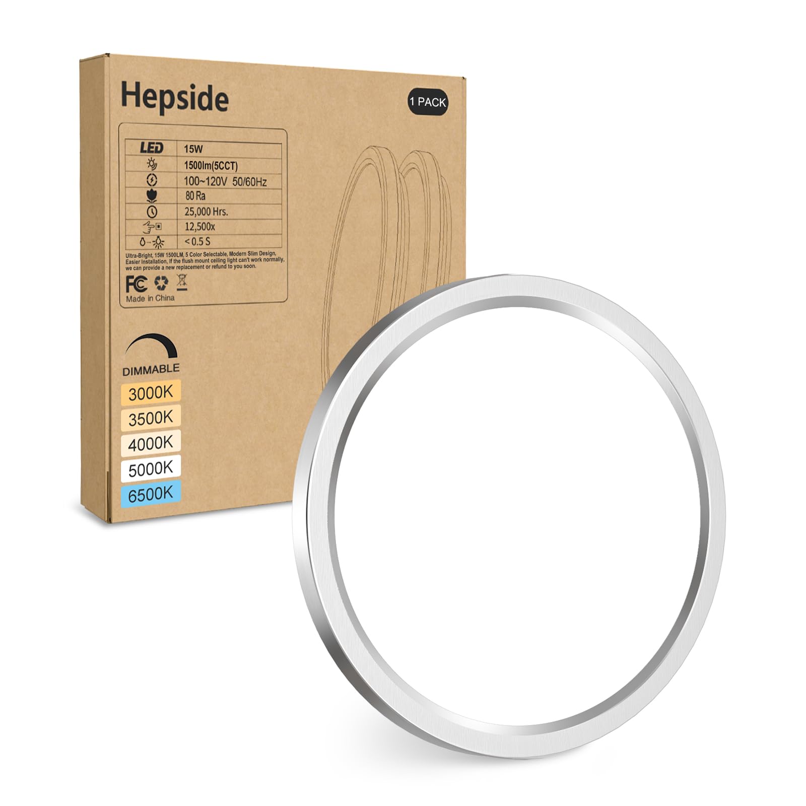 Hepside Led Flush Mount Ceiling Light Fixture Brushed Nickel, 7Inch 15W, Dimmable&3000K-6500K Adjustable Low Profile Ceiling Lig