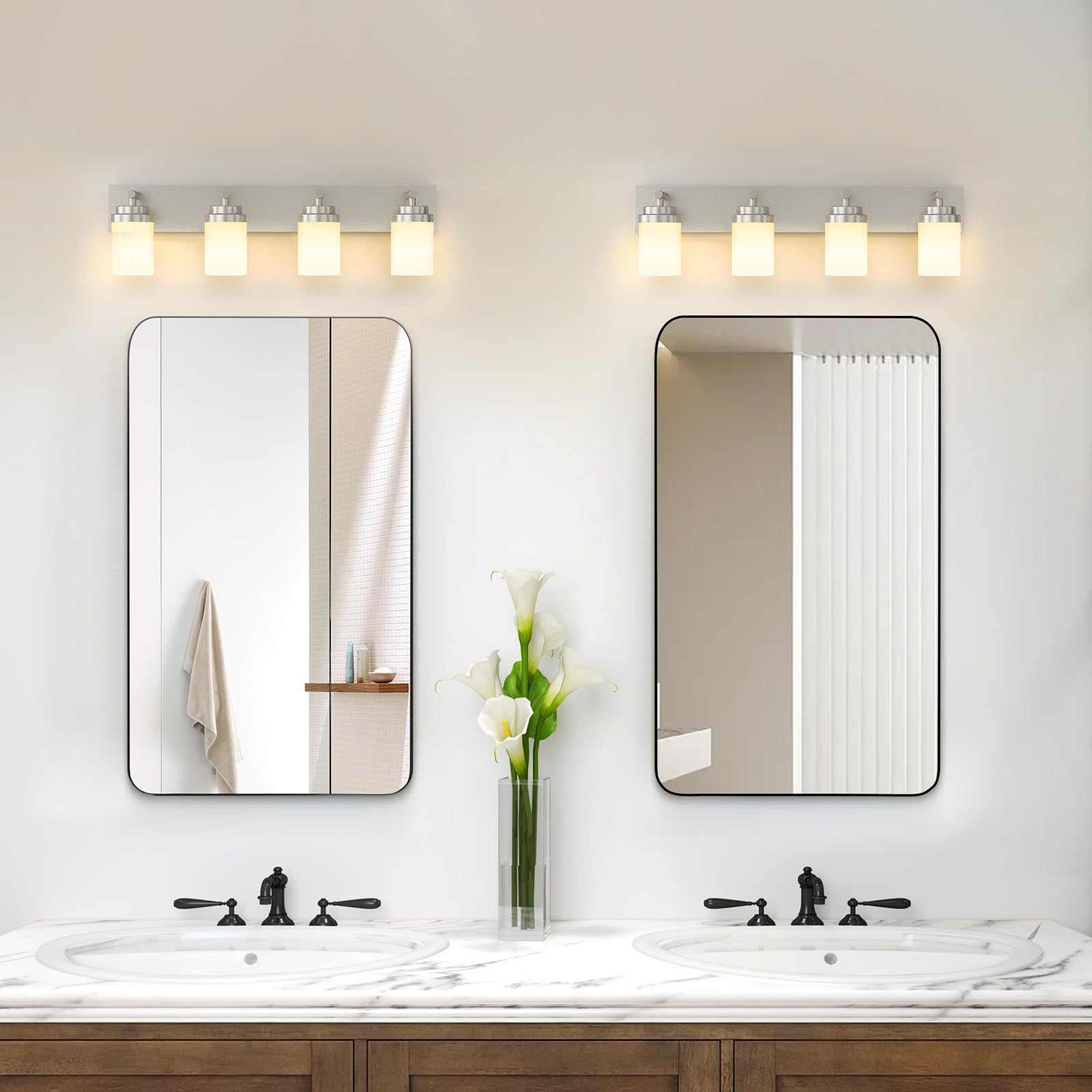 IZORRO 4-Light Bathroom Vanity Light Fixture, Brushed Nickel with White Glass Shade, Modern Farmhouse Design, Model HL101-4T-Ni-WT