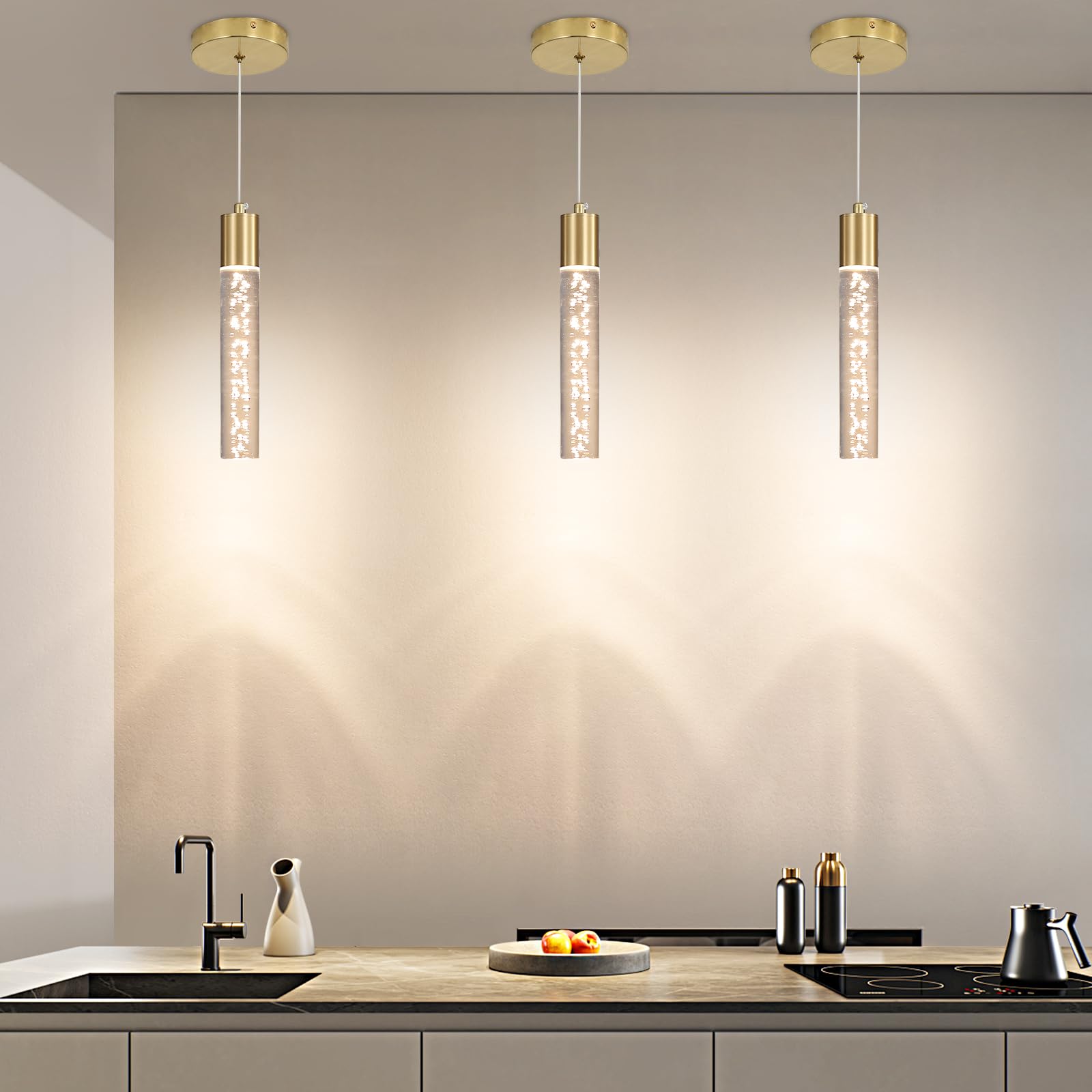 3 Pack Modern Kitchen Island Hanging Light  Gold Led Pendant Lights Fixture  Bubble Acrylic  3 Color Temperatures  Mini Ceiling Chandelier Lighting For Dining Room  Bedroom  Foyer Entrance  Cafe Bar