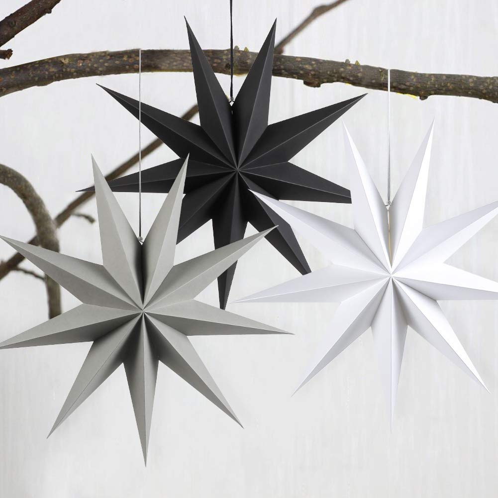 3 Pieces 3D 12'' Large Paper Star Gray Hanging Paper Star Decorations For Weddings, Christmas Holiday, Birthday Party Celebratio