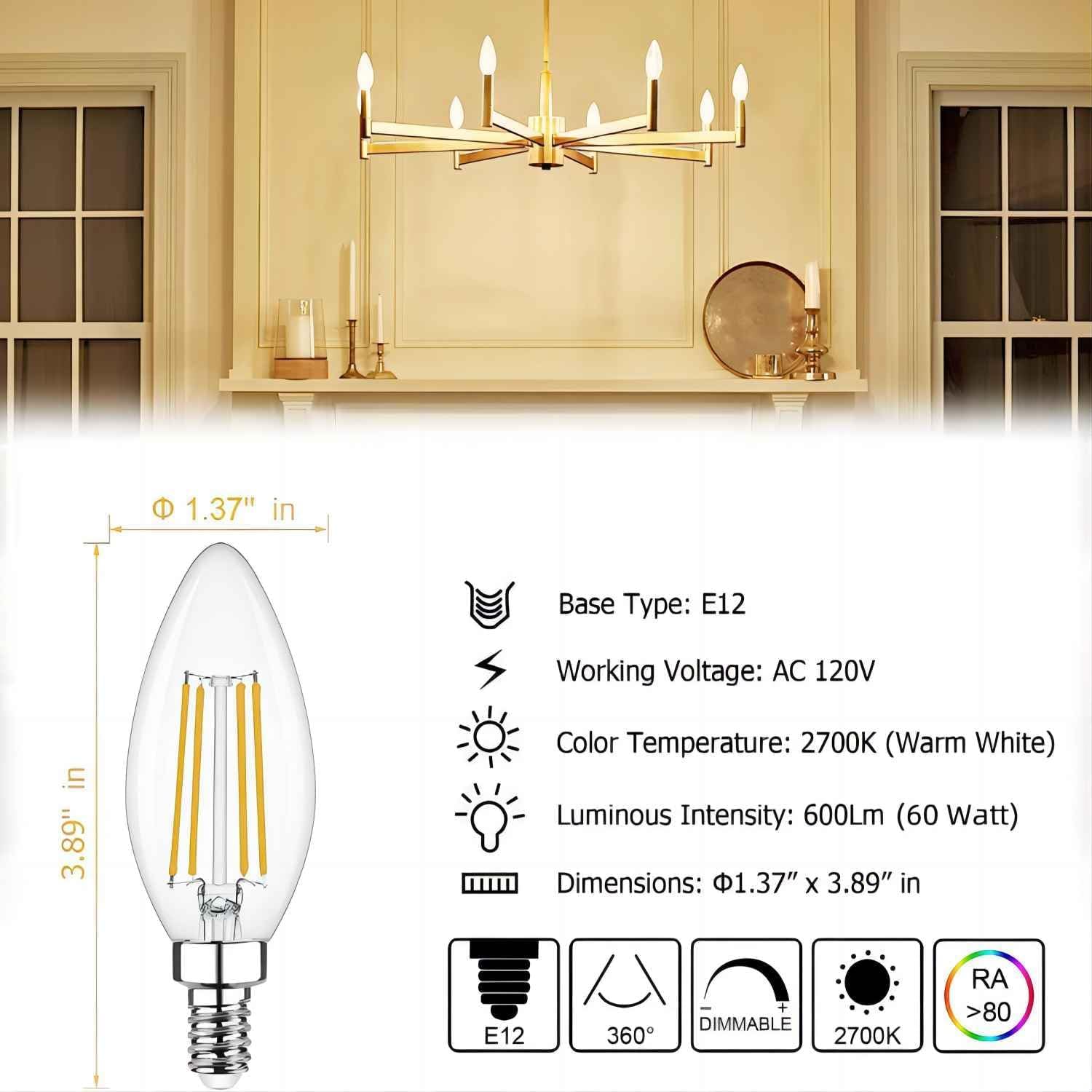 Cotanic LED Candelabra Bulb Dimmable 2700K Warm White, E12 Base, 60W Equivalent, 12 Pack, Clear Glass, C35 Model
