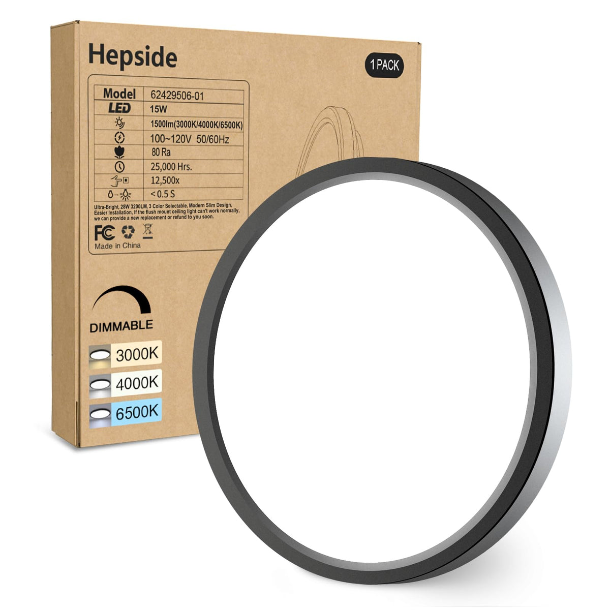 Hepside 1Pack Dimmable Flush Mount Ceiling Light Fixture Black, 3Cct Selectable 3000/4000/6500K Ceiling Lamp, 7.5Inch 15W 1500Lm