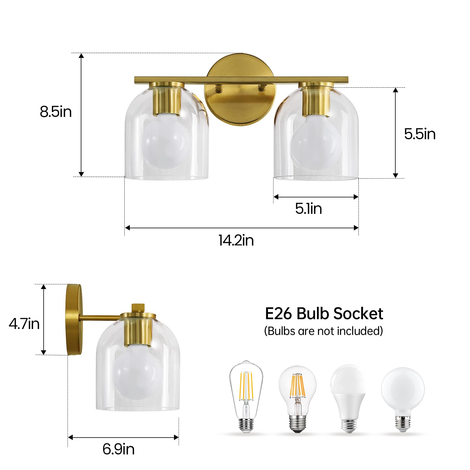 WOSHITU 2-Light Bathroom Vanity Light Fixtures, Brushed Gold, Modern Design, 14.2 Inch Clear Glass Shade, Model 8202