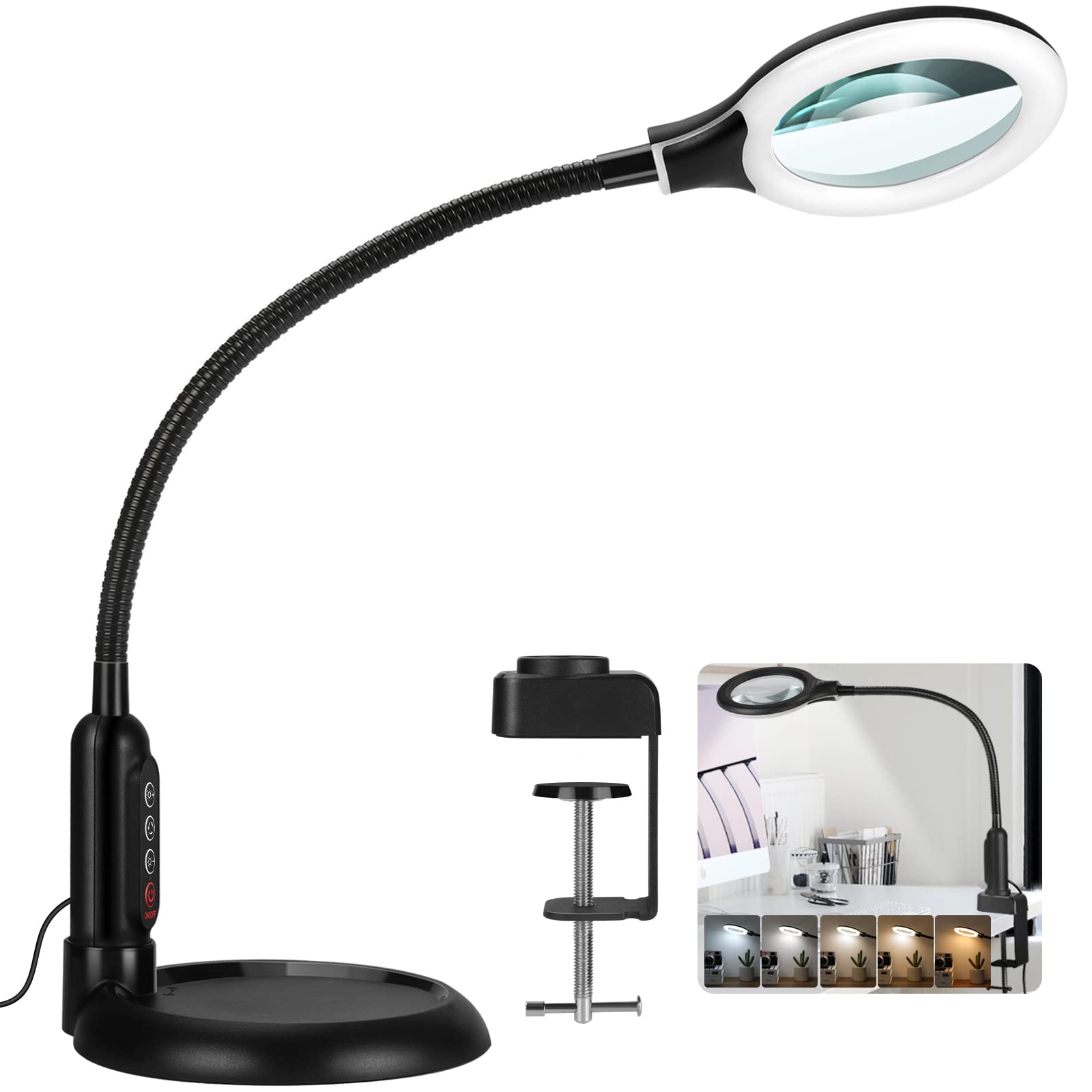 TOMSOO 10X Magnifying Glass with Light, Flexible Gooseneck LED Desk Lamp, Green, Model GKB41GTM