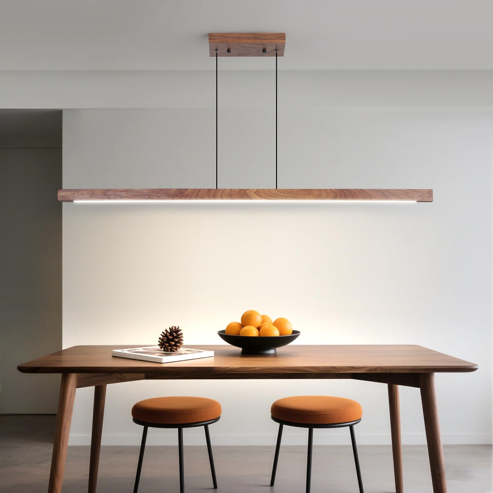 Modern Wooden Pendant Light  47In Walnut Wooden Chandelier With Remote Control 3000K-6500K Adjustable Color Temperature Aluminum Island Lighting Lamp For Dining Room  Living Room B