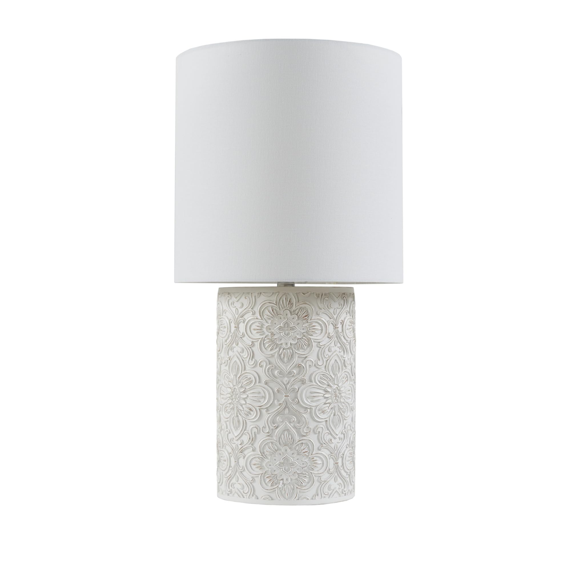 Hampton Hill Floral Table Lamp For Bedroom Nightstand, Living Room, Round Cotton Blend Shade, Embossed Resin Decorative Bedside Lamps, 3 Way Dimmable Lamp Rotary Switch, House Decor - Ivory Ashbourne