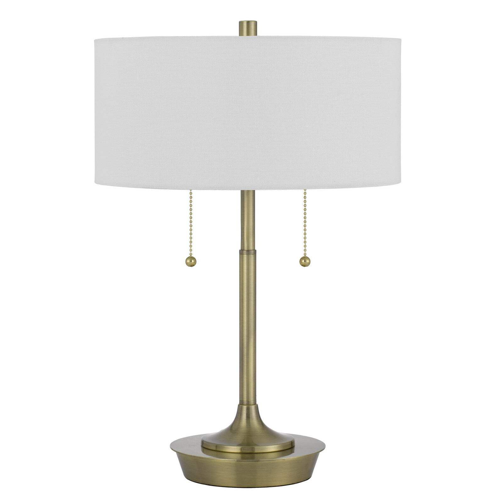HomeRoots Two Light Table Lamp, Antiqued Brass Metal, White Drum Shade, Model 524727, 20 in.