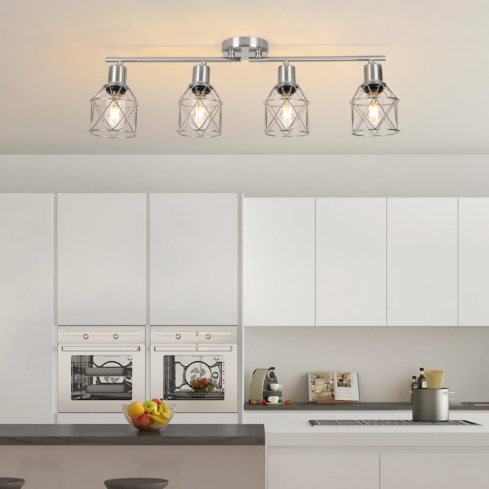 Wilon 4 Light Track Lighting Kit 4 Way Ceiling Spotlight, Modern Flush Mount Ceiling Light Brushed Nickel Kitchen Ceiling Light Fixtures Kitchen Track Lighting Flexibly Rotatable Light Head E26 Base
