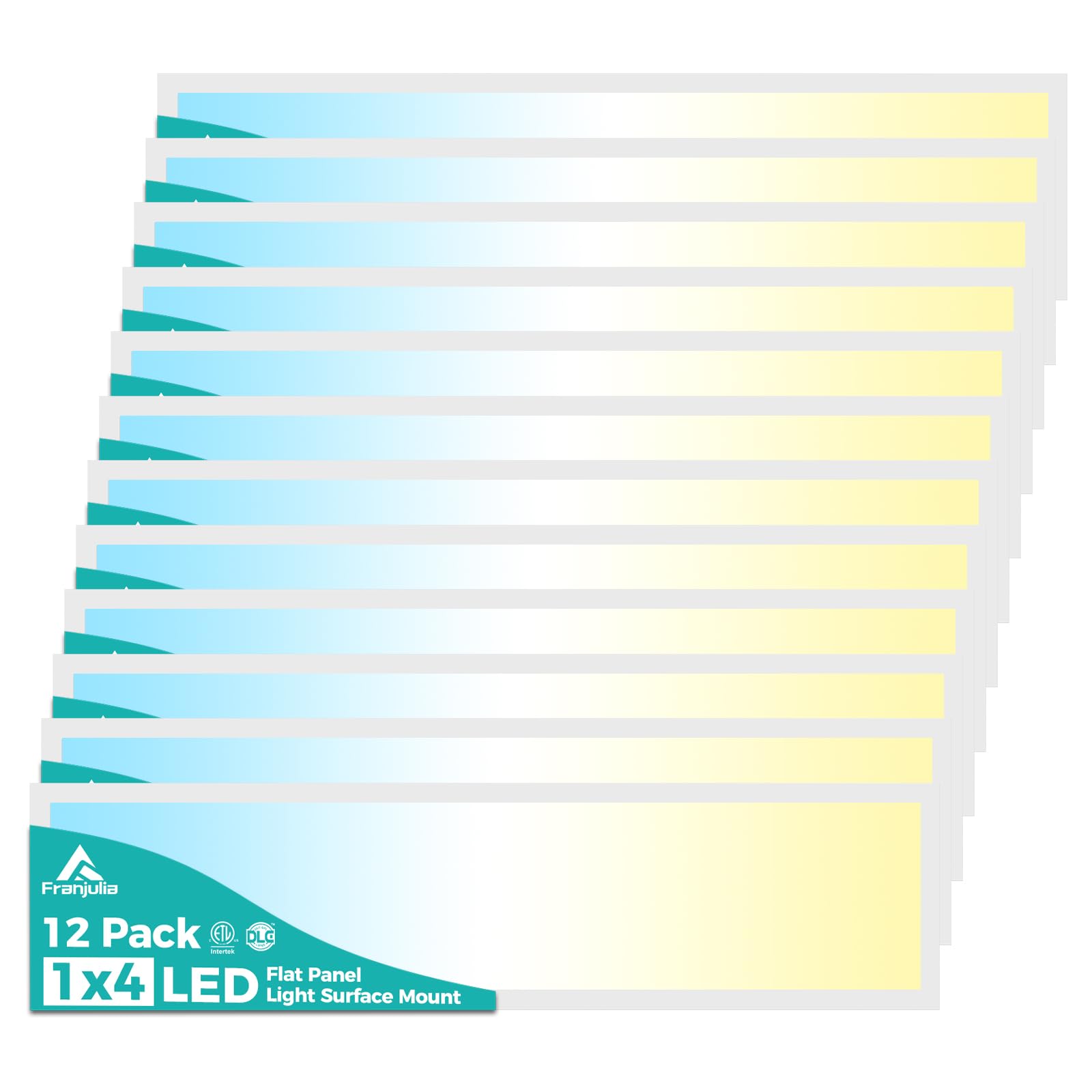 Franjulia 12Pack 1X4 Led Flat Panel Light Surface Mount, 50W, 5500Lm, Triac Dimmable, Selectable 3000K/4000K/5000K, 120V, For Ga
